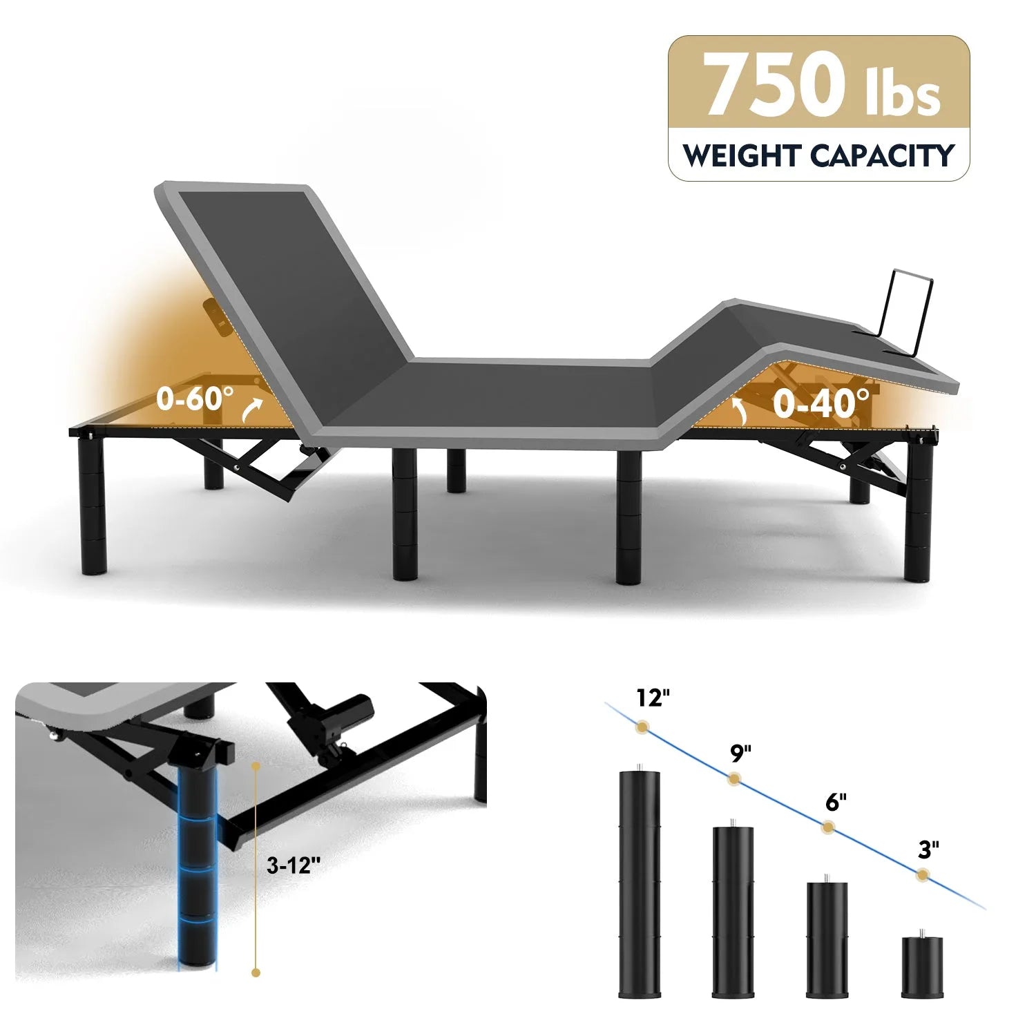 Adjustable Bed Frame with Massage Head & Foot Incline Queen Size Wireless Remote, two types of USB ports: Type-A and Type-C, LED Night Light, 4 Height-Adjustable Legs Easy assembly detail view 3