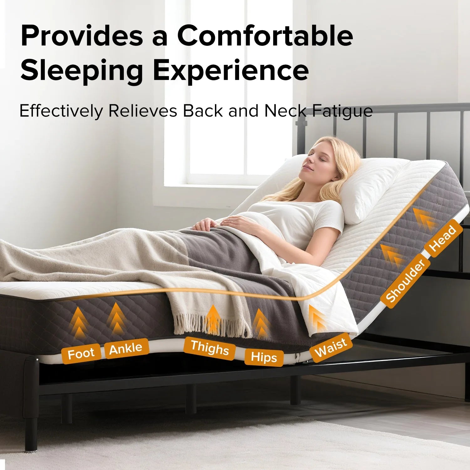 Adjustable Bed Frame with Massage Head & Foot Incline Queen Size Wireless Remote, two types of USB ports: Type-A and Type-C, LED Night Light, 4 Height-Adjustable Legs Easy assembly detail view 5