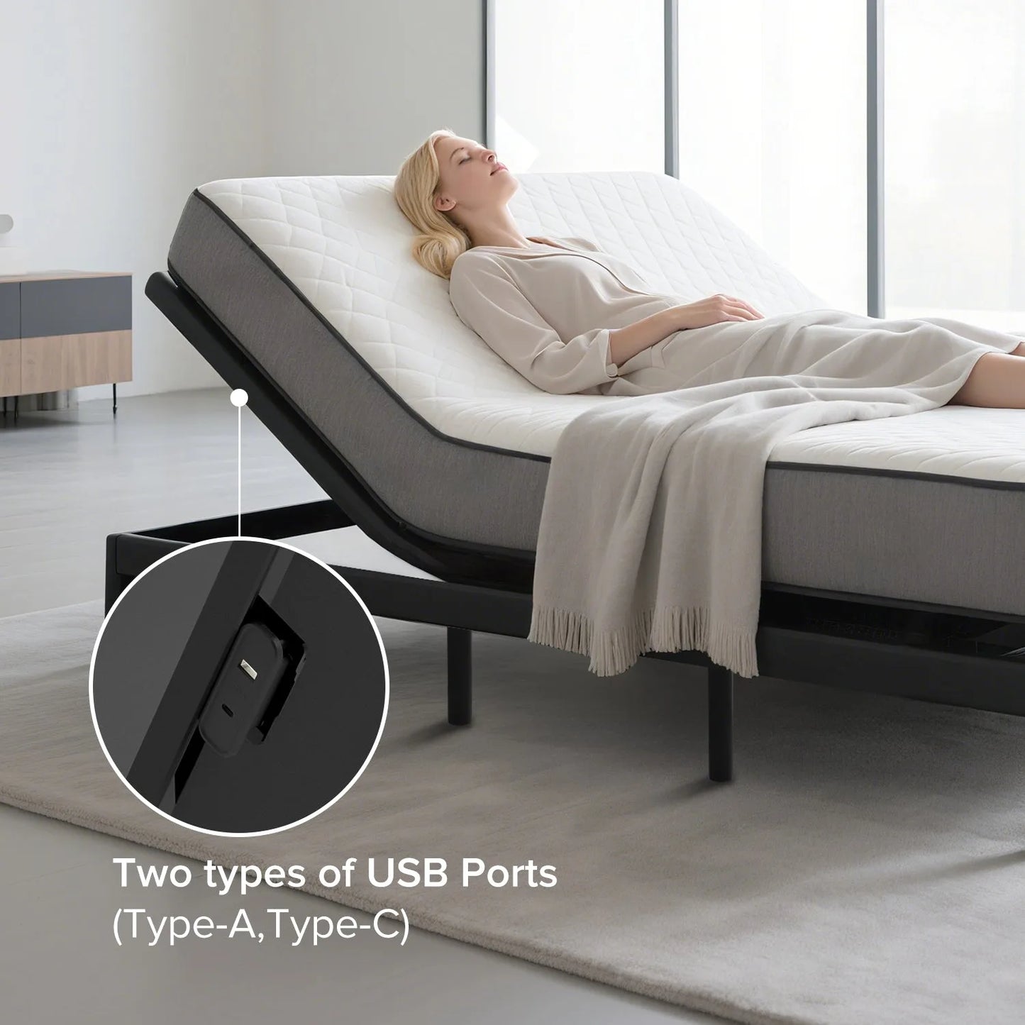 Adjustable Bed Frame with Massage Head & Foot Incline Queen Size Wireless Remote, two types of USB ports: Type-A and Type-C, LED Night Light, 4 Height-Adjustable Legs Easy assembly detail view 6