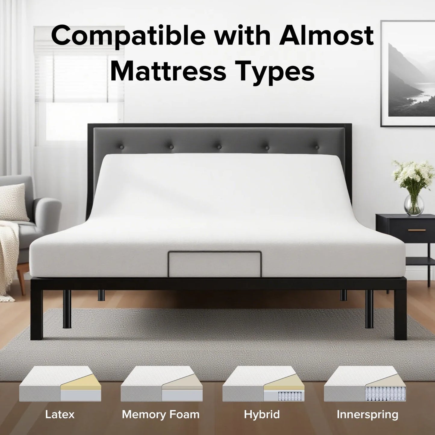 Adjustable Bed Frame with Massage Head & Foot Incline Queen Size Wireless Remote, two types of USB ports: Type-A and Type-C, LED Night Light, 4 Height-Adjustable Legs Easy assembly detail view 8