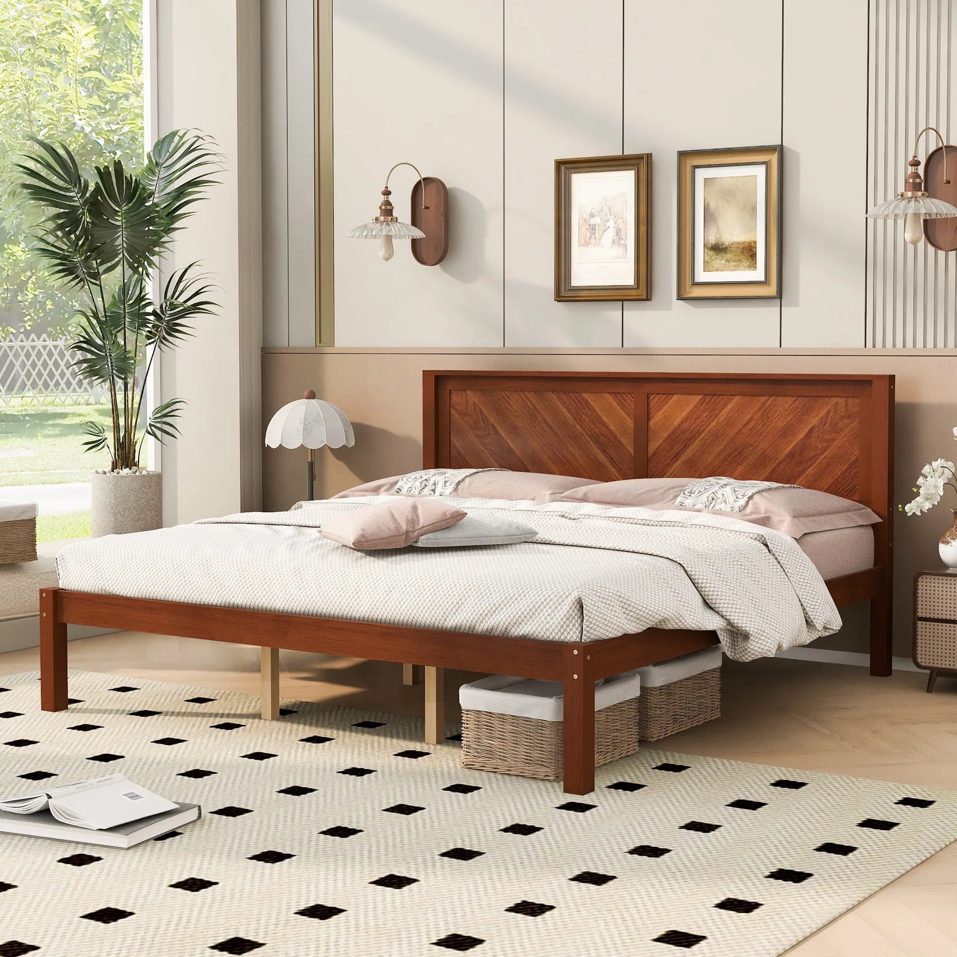 King Size Solid Wood Platform Bed Frame with Herringbone Wood Headboard, Farmhouse Chevron Panel Bed, Under Bed Storage Clearance, No Box Spring Needed, Sturdy Support Legs, Walnut Finish lifestyle view