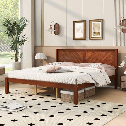 King Size Solid Wood Platform Bed Frame with Herringbone Wood Headboard, Farmhouse Chevron Panel Bed, Under Bed Storage Clearance, No Box Spring Needed, Sturdy Support Legs, Walnut Finish lifestyle view