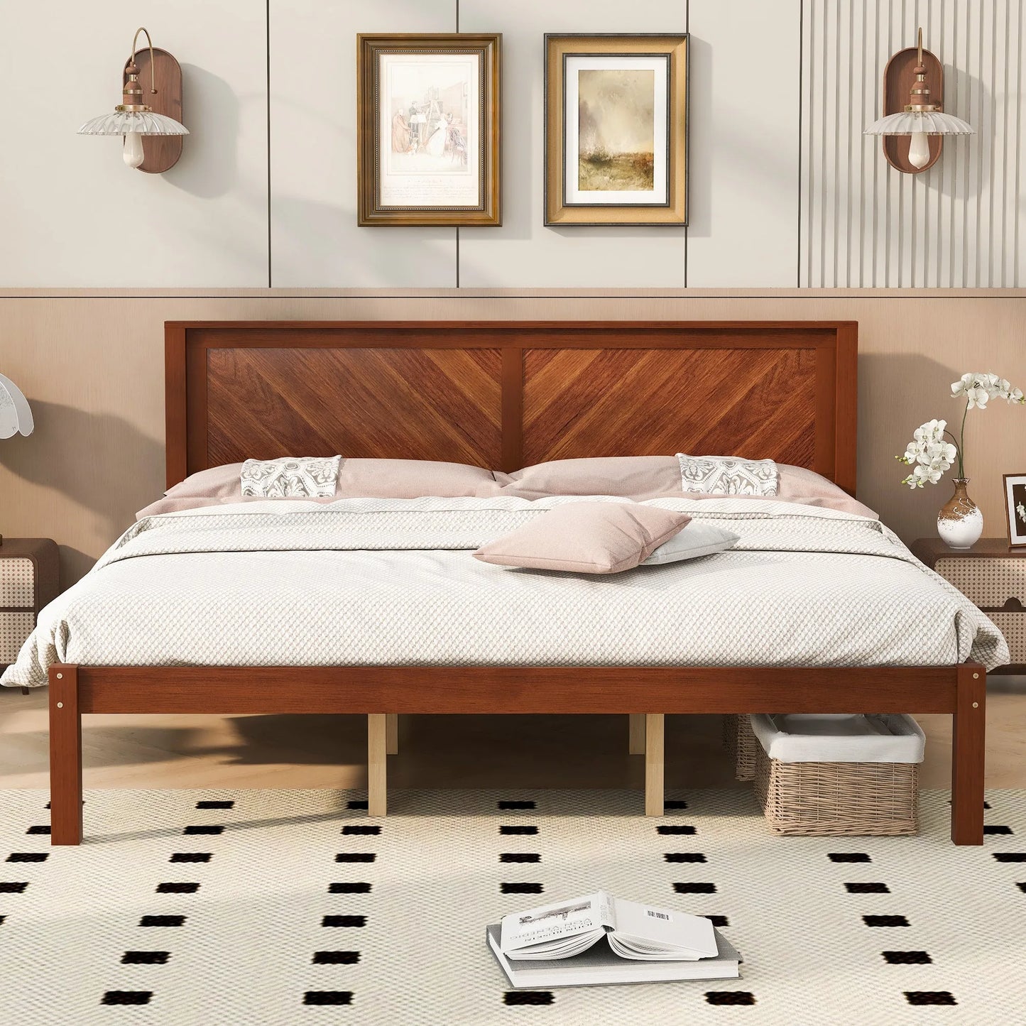 King Size Solid Wood Platform Bed Frame with Herringbone Wood Headboard, Farmhouse Chevron Panel Bed, Under Bed Storage Clearance, No Box Spring Needed, Sturdy Support Legs, Walnut Finish detail view 2