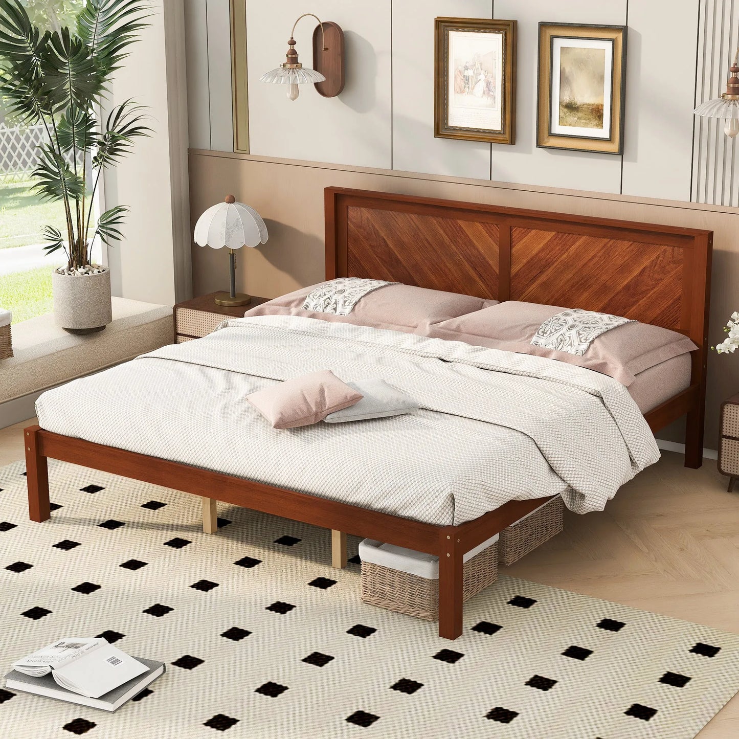 King Size Solid Wood Platform Bed Frame with Herringbone Wood Headboard, Farmhouse Chevron Panel Bed, Under Bed Storage Clearance, No Box Spring Needed, Sturdy Support Legs, Walnut Finish detail view 3