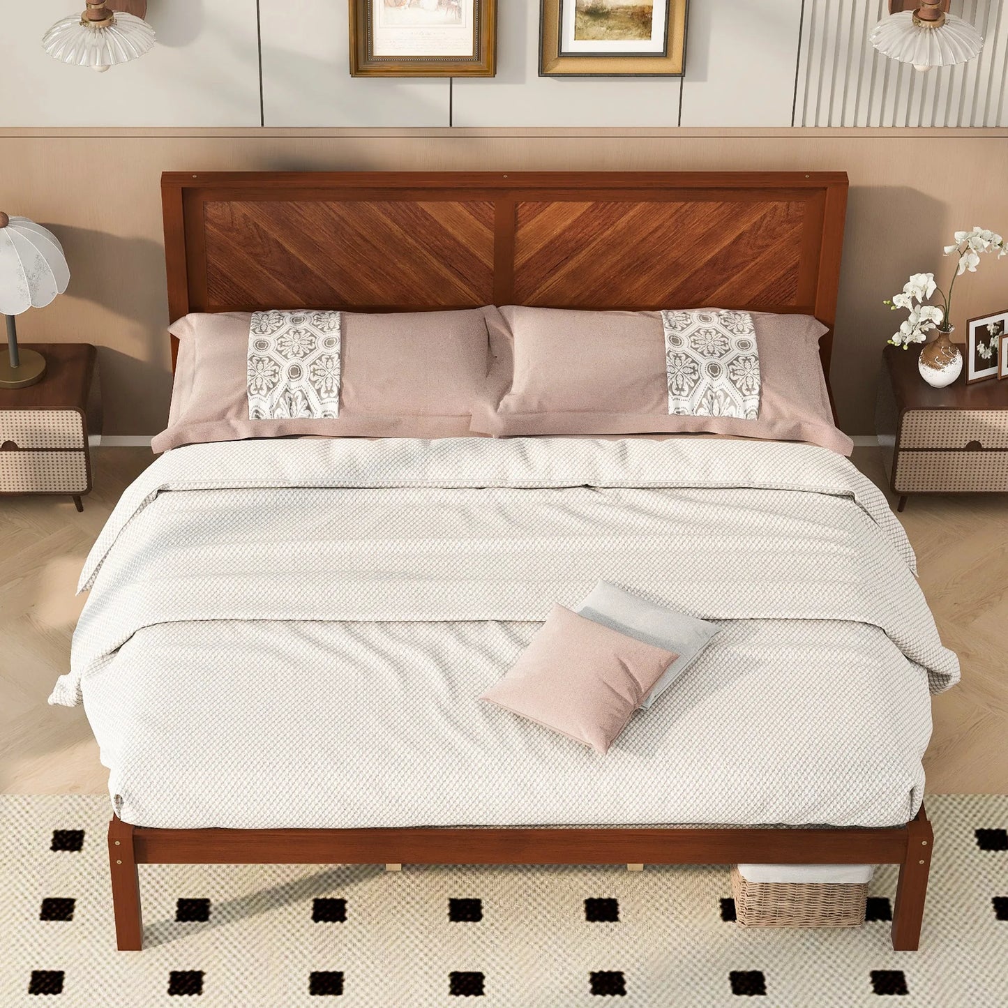 King Size Solid Wood Platform Bed Frame with Herringbone Wood Headboard, Farmhouse Chevron Panel Bed, Under Bed Storage Clearance, No Box Spring Needed, Sturdy Support Legs, Walnut Finish detail view 4