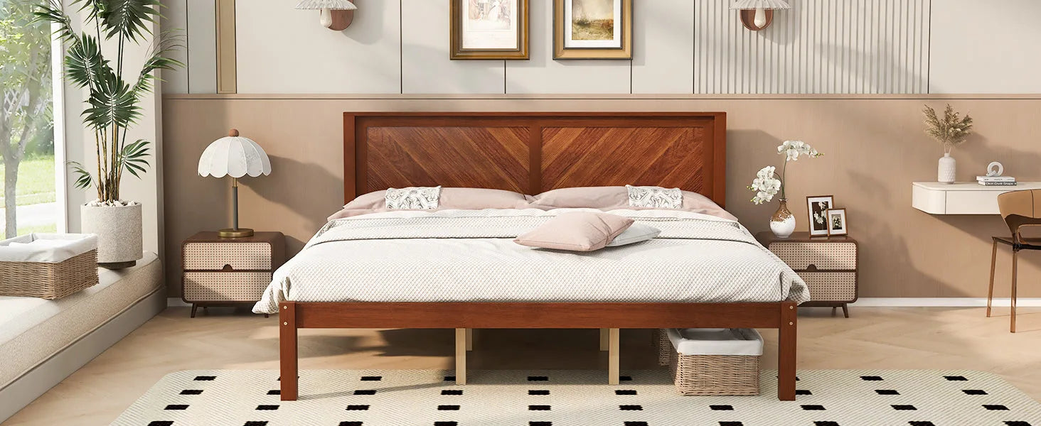 King Size Solid Wood Platform Bed Frame with Herringbone Wood Headboard, Farmhouse Chevron Panel Bed, Under Bed Storage Clearance, No Box Spring Needed, Sturdy Support Legs, Walnut Finish detail view 5
