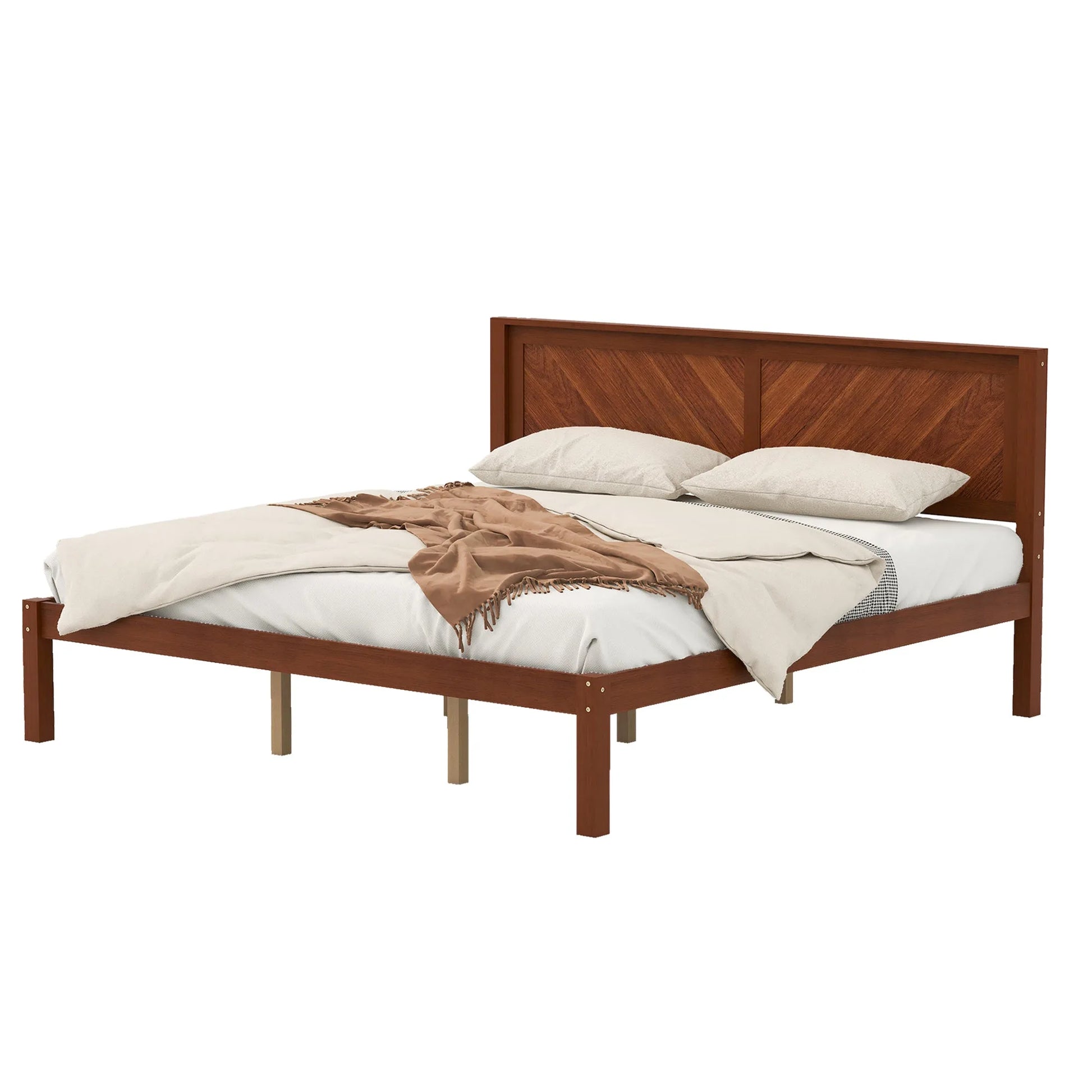 King Size Solid Wood Platform Bed Frame with Herringbone Wood Headboard, Farmhouse Chevron Panel Bed, Under Bed Storage Clearance, No Box Spring Needed, Sturdy Support Legs, Walnut Finish detail view 6