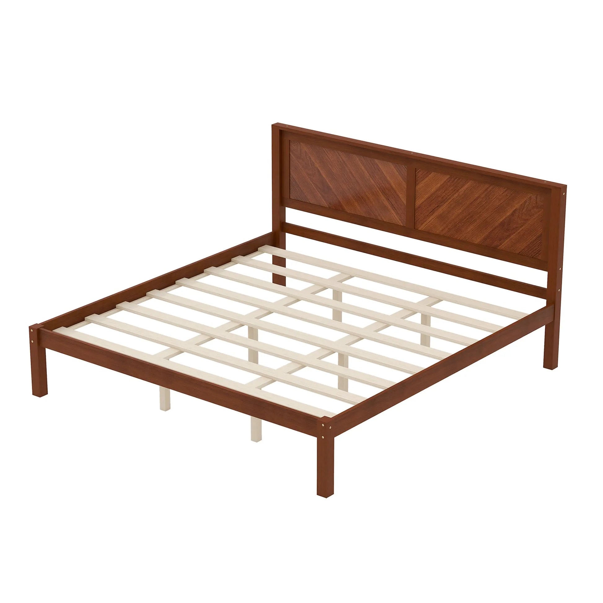 King Size Solid Wood Platform Bed Frame with Herringbone Wood Headboard, Farmhouse Chevron Panel Bed, Under Bed Storage Clearance, No Box Spring Needed, Sturdy Support Legs, Walnut Finish detail view 8
