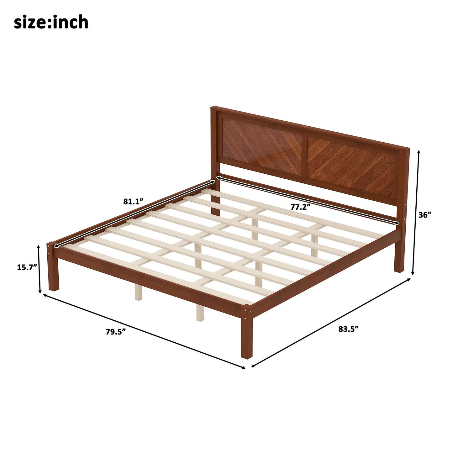 King Size Solid Wood Platform Bed Frame with Herringbone Wood Headboard, Farmhouse Chevron Panel Bed, Under Bed Storage Clearance, No Box Spring Needed, Sturdy Support Legs, Walnut Finish detail view 10