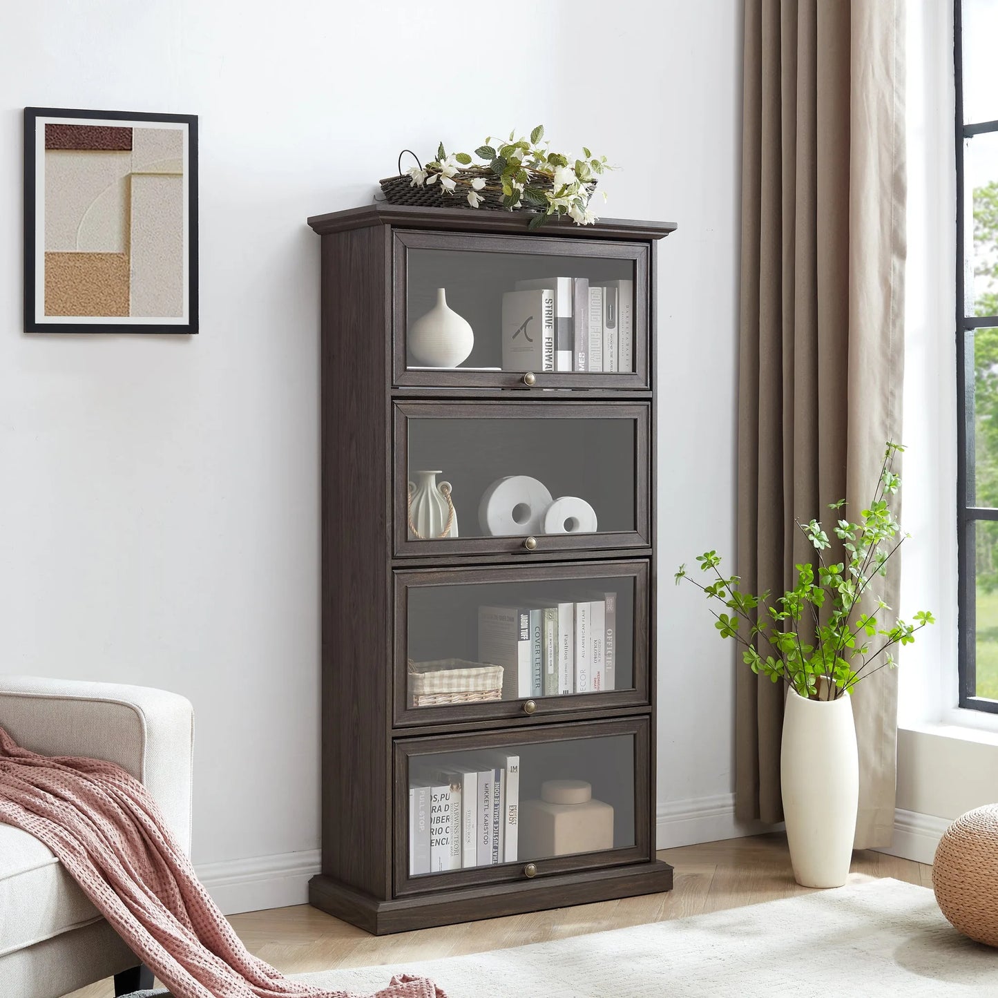 Glass display cabinet 4 Tier Glass Display Cabinet Storage Curio Cabinet with Flip up Glass Doors, Collectors Showcase Toy Figure Organizers Rack, Bookcase for Living Room BRO lifestyle view