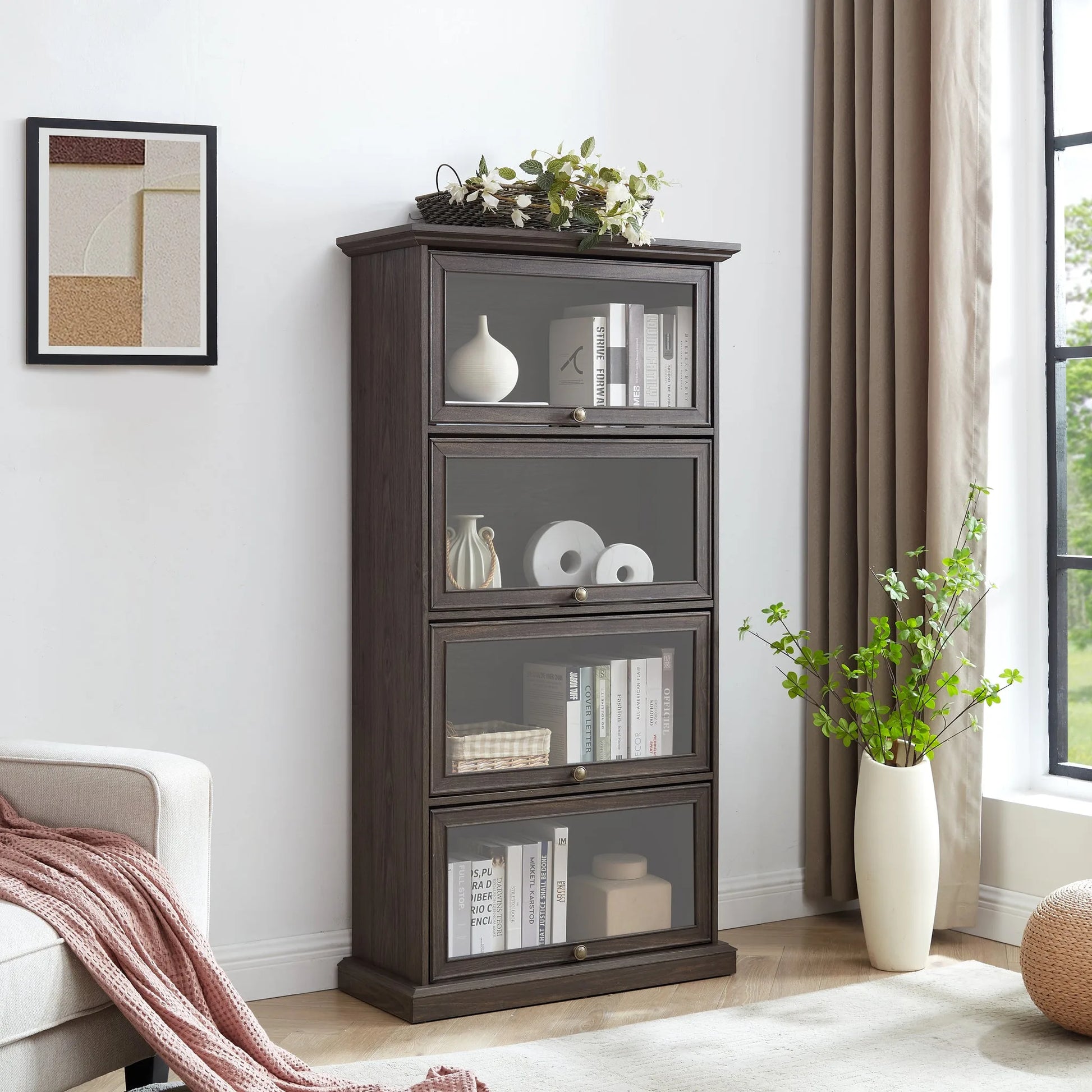 Glass display cabinet 4 Tier Glass Display Cabinet Storage Curio Cabinet with Flip up Glass Doors, Collectors Showcase Toy Figure Organizers Rack, Bookcase for Living Room BRO lifestyle view