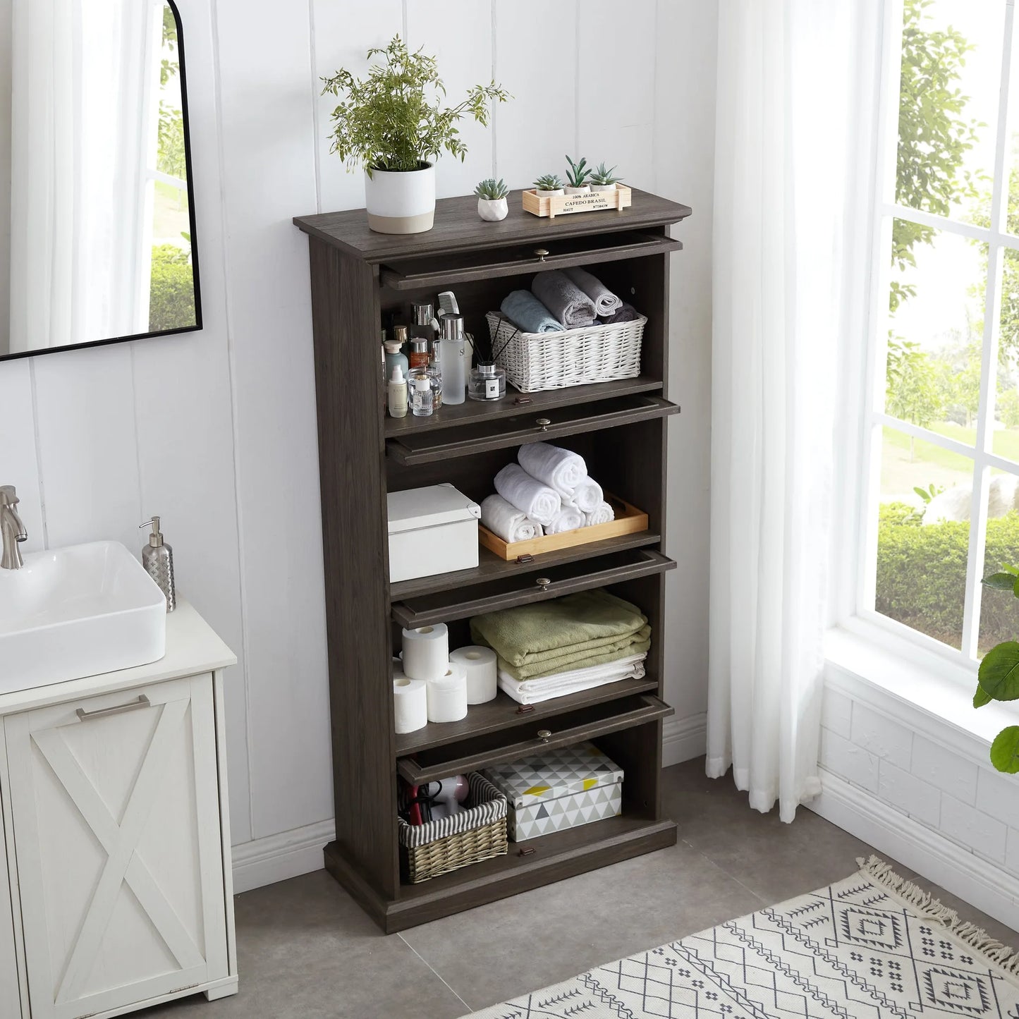 Glass display cabinet 4 Tier Glass Display Cabinet Storage Curio Cabinet with Flip up Glass Doors, Collectors Showcase Toy Figure Organizers Rack, Bookcase for Living Room BRO detail view 4