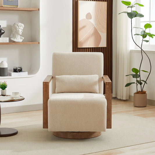 29.72'W Swivel Modern Upholstered Accent Chair with Solid Wood Armrests and 360 Degree Comfy Lounge Reading Chair, Side Armchair for Hotel, Bedroom, Living Room, Office, and Nursery Room. Beige detail view 2