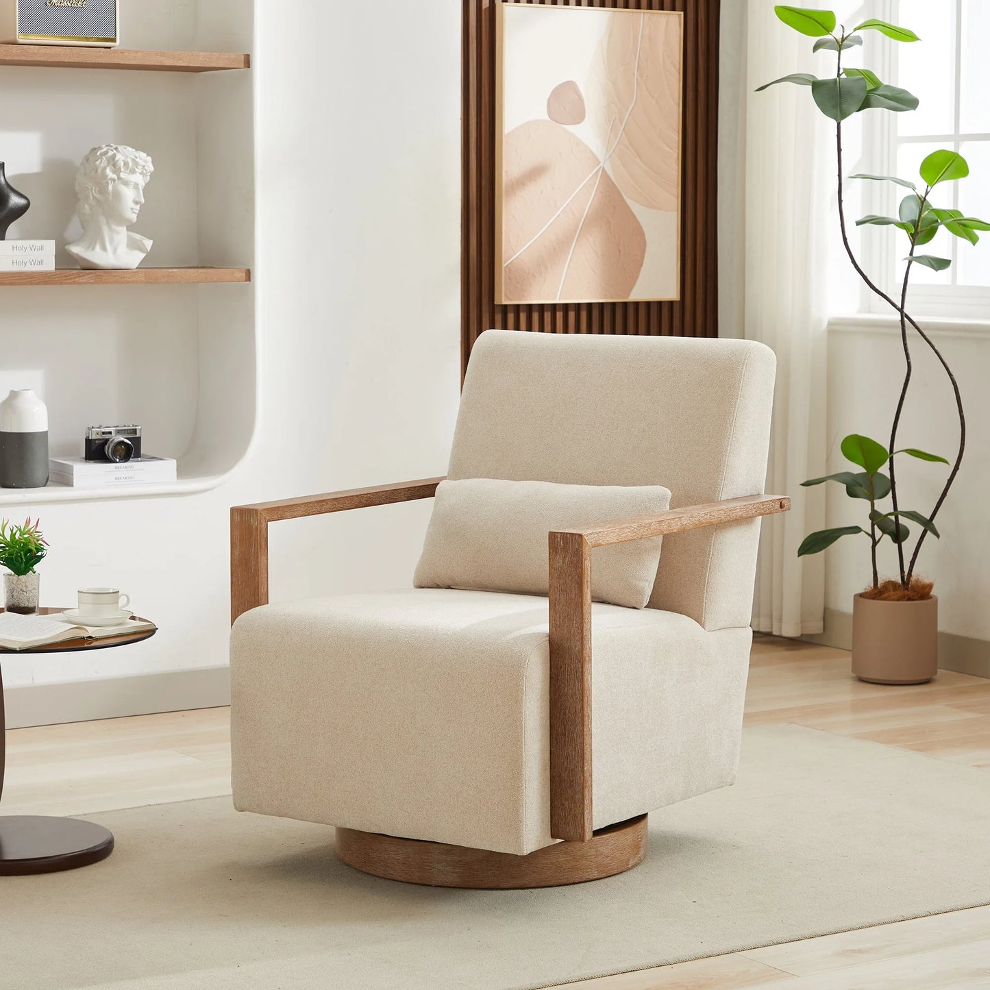 29.72'W Swivel Modern Upholstered Accent Chair with Solid Wood Armrests and 360 Degree Comfy Lounge Reading Chair, Side Armchair for Hotel, Bedroom, Living Room, Office, and Nursery Room. Beige detail view 3