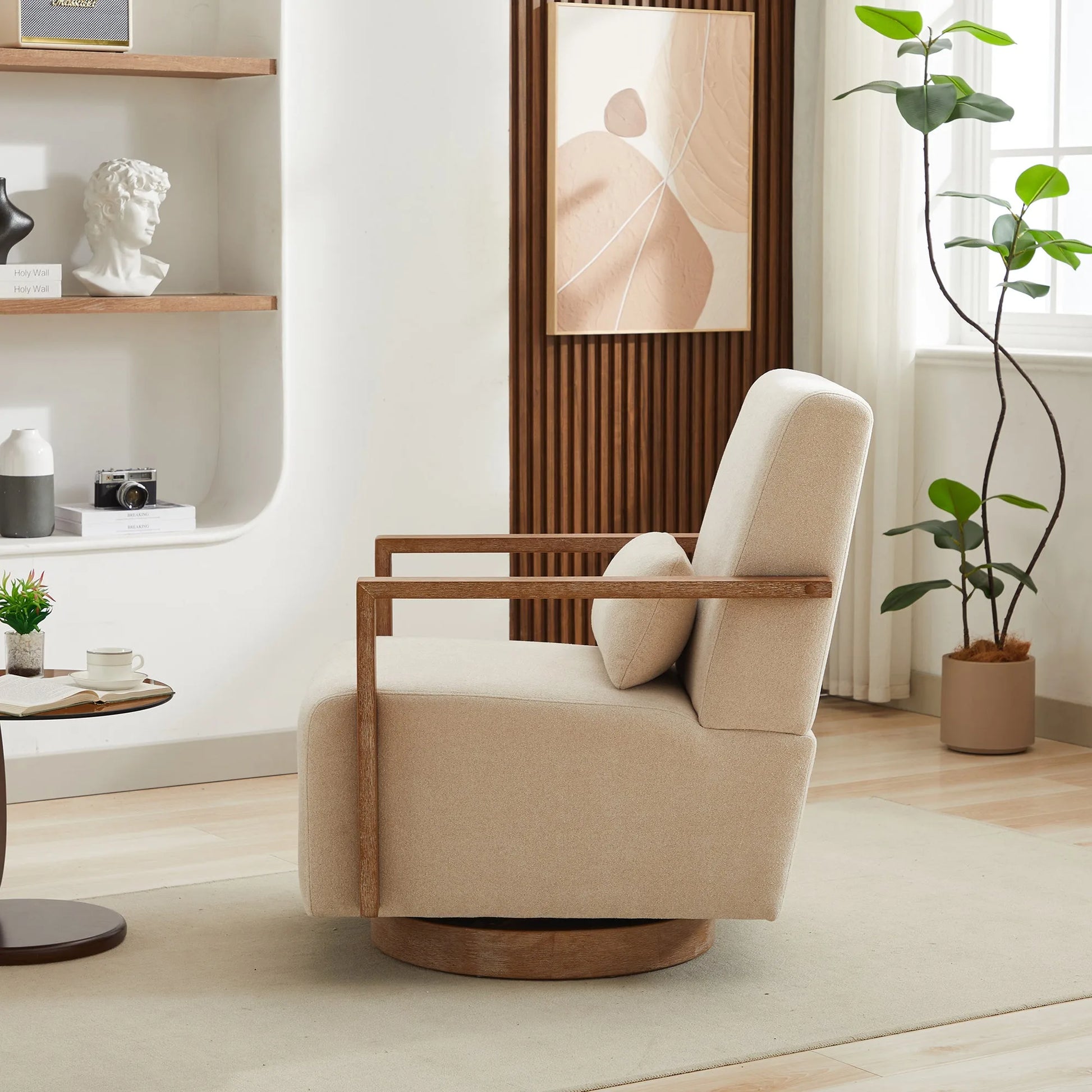 29.72'W Swivel Modern Upholstered Accent Chair with Solid Wood Armrests and 360 Degree Comfy Lounge Reading Chair, Side Armchair for Hotel, Bedroom, Living Room, Office, and Nursery Room. Beige detail view 4