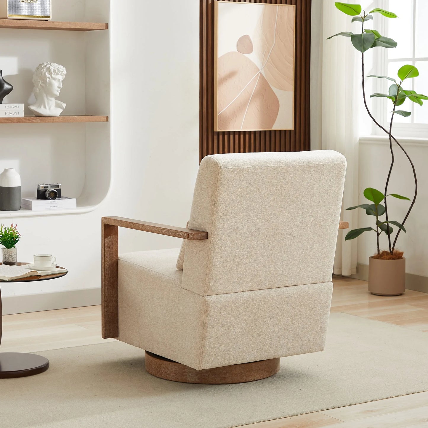 29.72'W Swivel Modern Upholstered Accent Chair with Solid Wood Armrests and 360 Degree Comfy Lounge Reading Chair, Side Armchair for Hotel, Bedroom, Living Room, Office, and Nursery Room. Beige detail view 5
