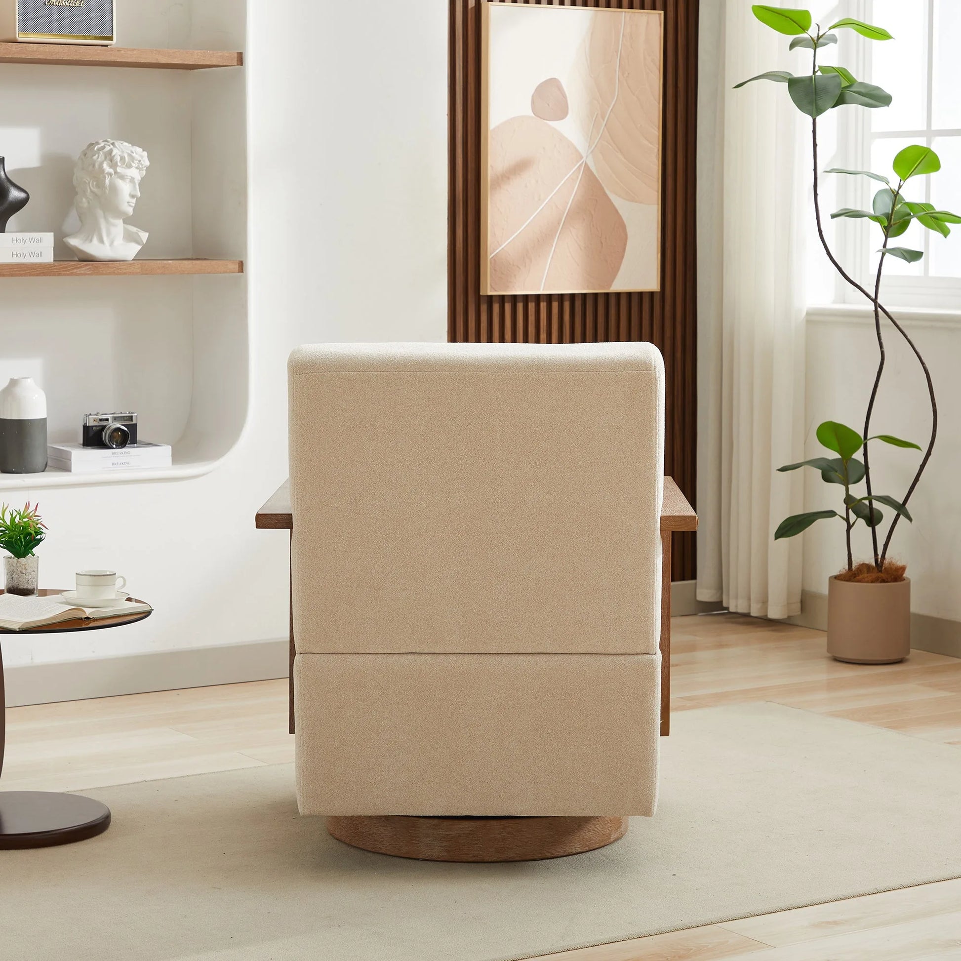 29.72'W Swivel Modern Upholstered Accent Chair with Solid Wood Armrests and 360 Degree Comfy Lounge Reading Chair, Side Armchair for Hotel, Bedroom, Living Room, Office, and Nursery Room. Beige detail view 6