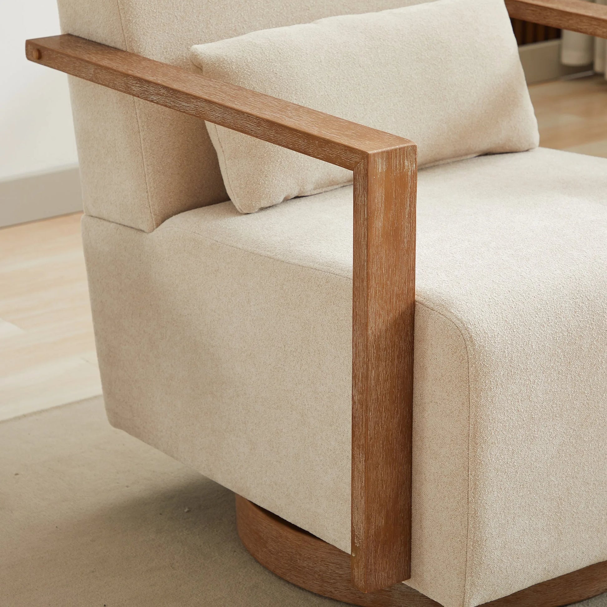 29.72'W Swivel Modern Upholstered Accent Chair with Solid Wood Armrests and 360 Degree Comfy Lounge Reading Chair, Side Armchair for Hotel, Bedroom, Living Room, Office, and Nursery Room. Beige detail view 7