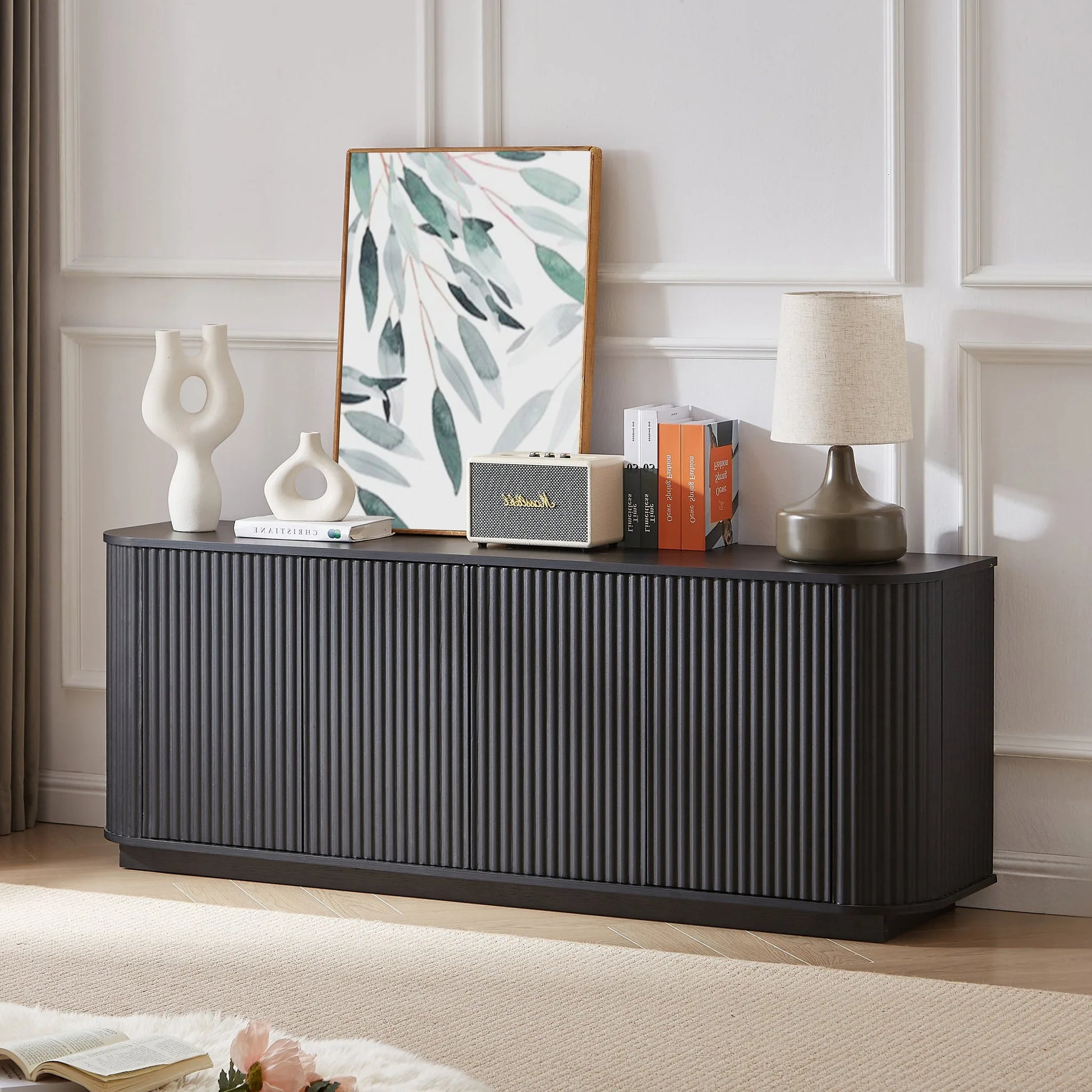 Sideboard Storage Cabinet TV Stand with wave pattern Buffet Cabinet Wooden Vertical Striped Cabinet for Kitchen/Bedroom/Entryway. Black, 64''W x 15''D x 24''H lifestyle view