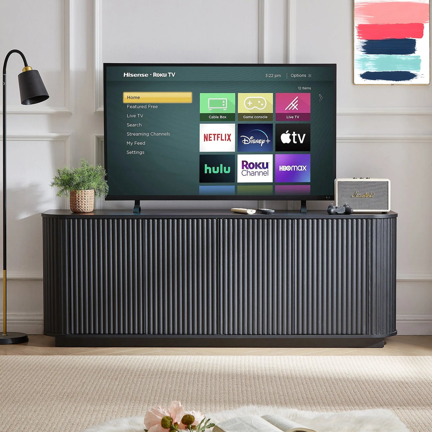 Sideboard Storage Cabinet TV Stand with wave pattern Buffet Cabinet Wooden Vertical Striped Cabinet for Kitchen/Bedroom/Entryway. Black, 64''W x 15''D x 24''H detail view 3