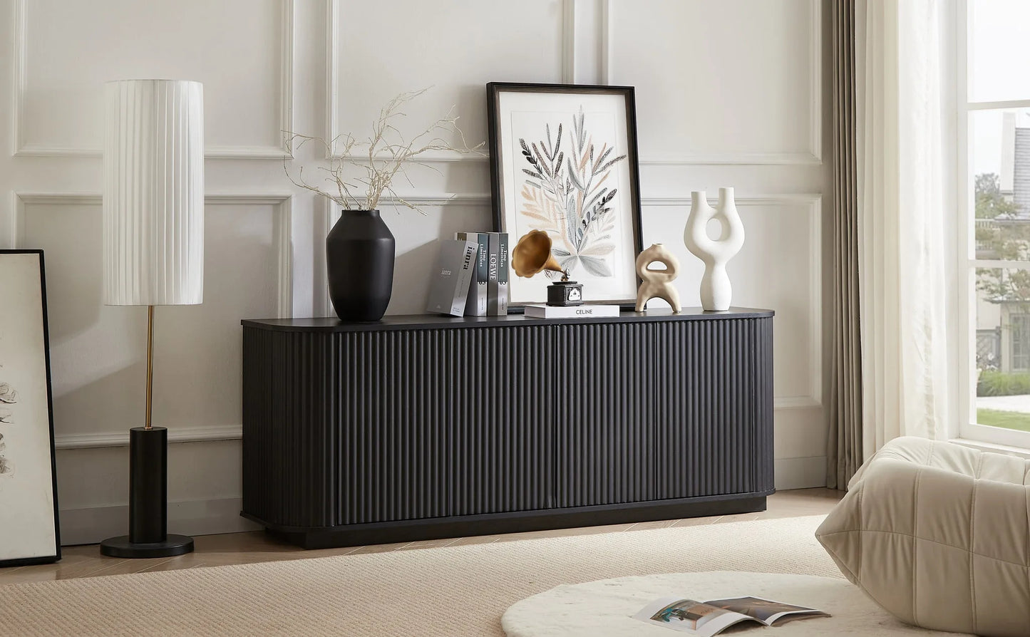 Sideboard Storage Cabinet TV Stand with wave pattern Buffet Cabinet Wooden Vertical Striped Cabinet for Kitchen/Bedroom/Entryway. Black, 64''W x 15''D x 24''H detail view 4