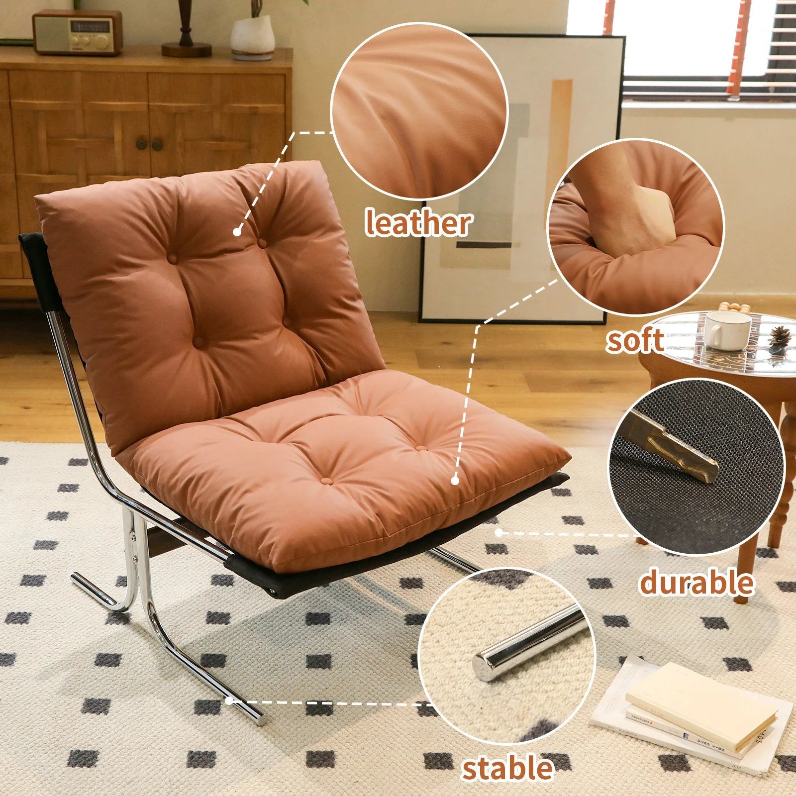 Leather Armchair, Modern Accent Chair High Back, Living Room Chairs with Metal Legs and Soft Padded, Sofa Chairs for Home Office, Bedroom, Dining Room (Brown-1pc) detail view 13
