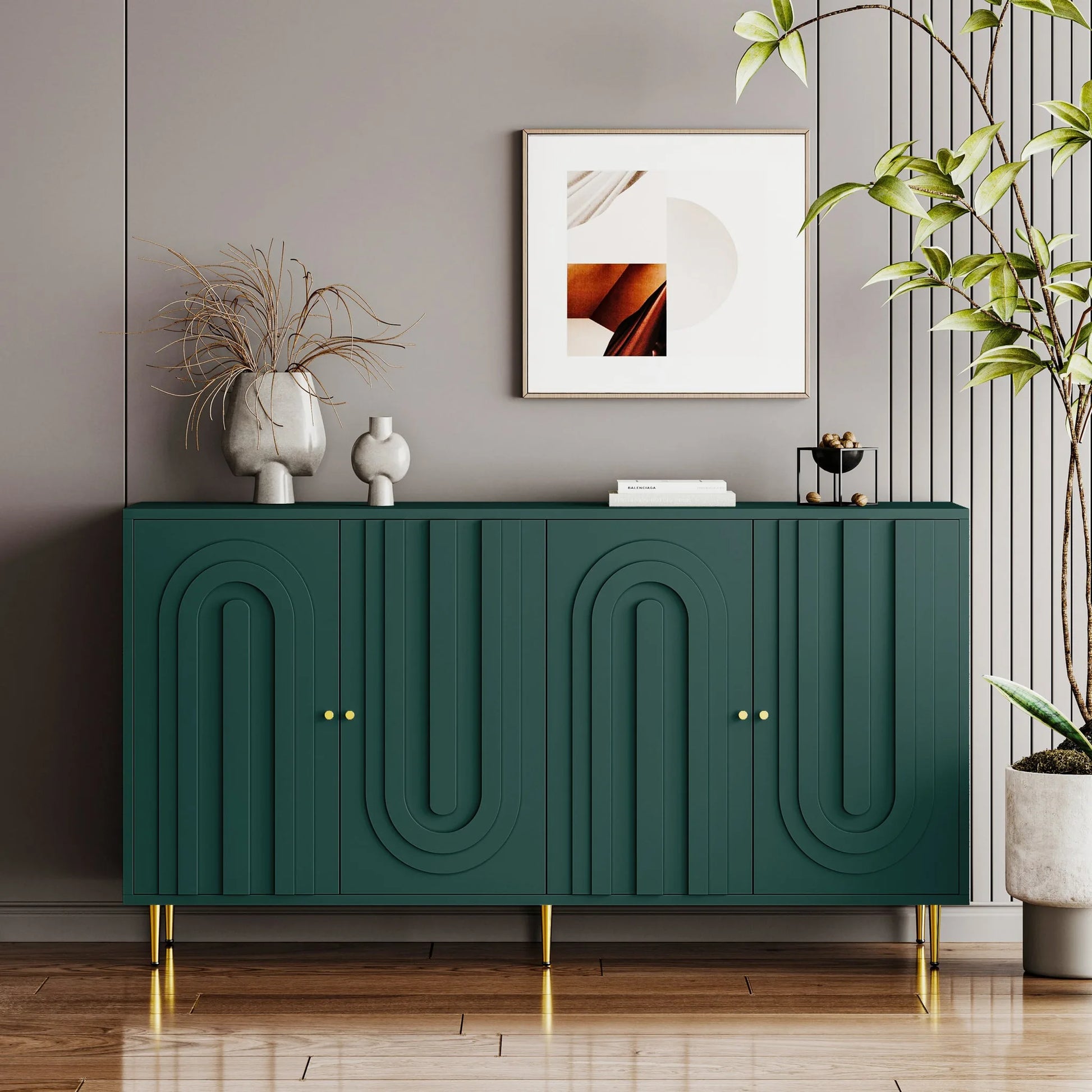 Modern Green Lacquered 4 Door Wooden Cabinet Sideboard Buffet Server Cabinet Storage Cabinet, for Living Room, Entryway, Hallway, Office, Kitchen and Dining Room lifestyle view