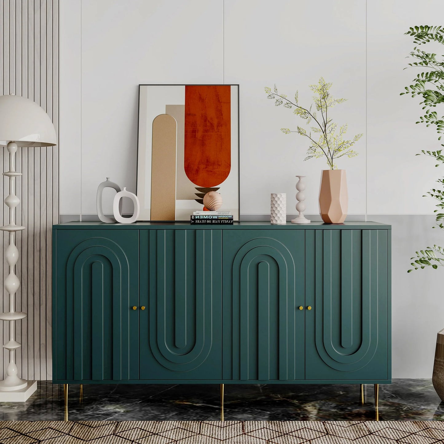 Modern Green Lacquered 4 Door Wooden Cabinet Sideboard Buffet Server Cabinet Storage Cabinet, for Living Room, Entryway, Hallway, Office, Kitchen and Dining Room detail view 2