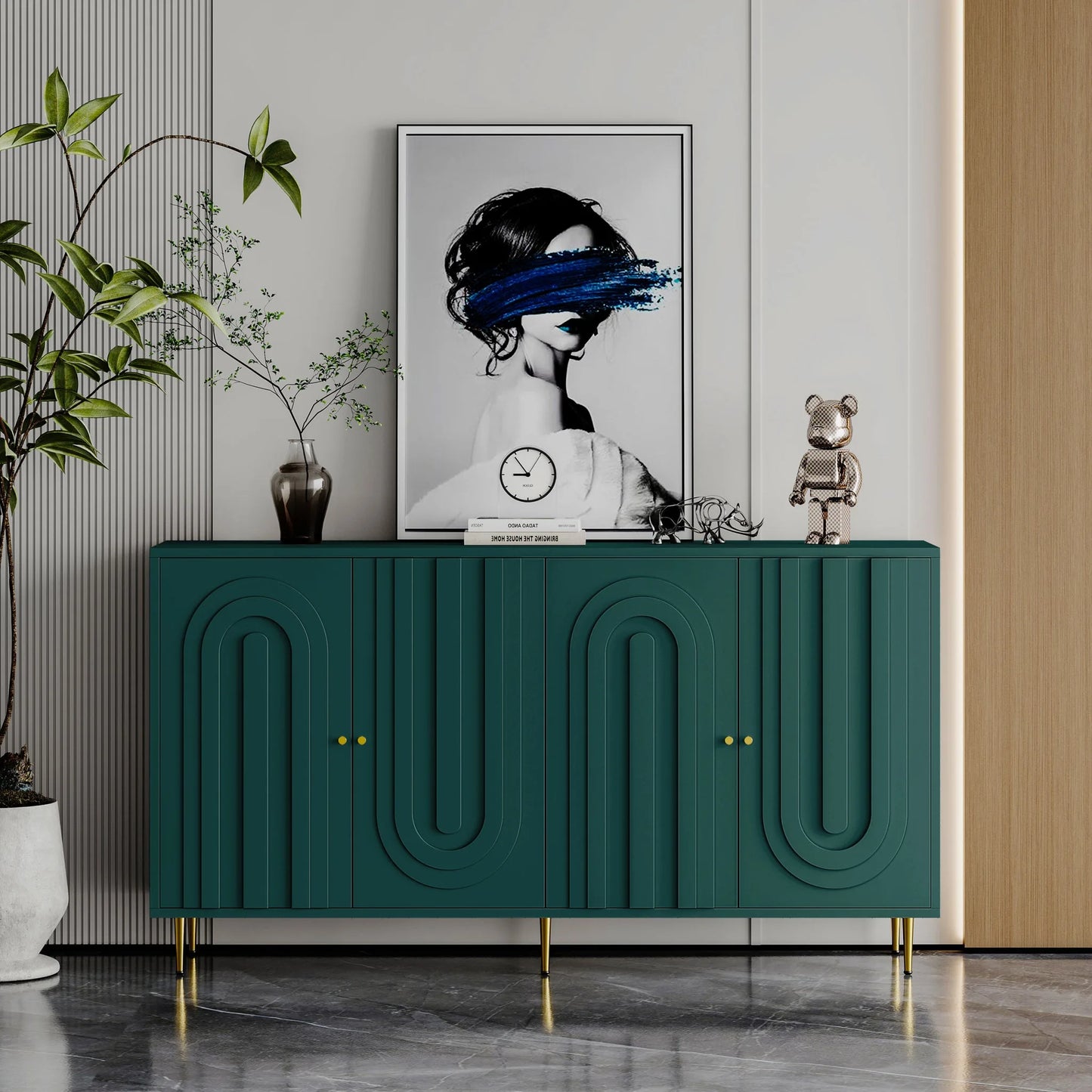 Modern Green Lacquered 4 Door Wooden Cabinet Sideboard Buffet Server Cabinet Storage Cabinet, for Living Room, Entryway, Hallway, Office, Kitchen and Dining Room detail view 3