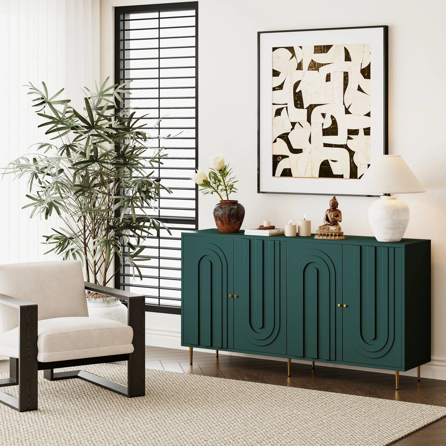 Modern Green Lacquered 4 Door Wooden Cabinet Sideboard Buffet Server Cabinet Storage Cabinet, for Living Room, Entryway, Hallway, Office, Kitchen and Dining Room detail view 4