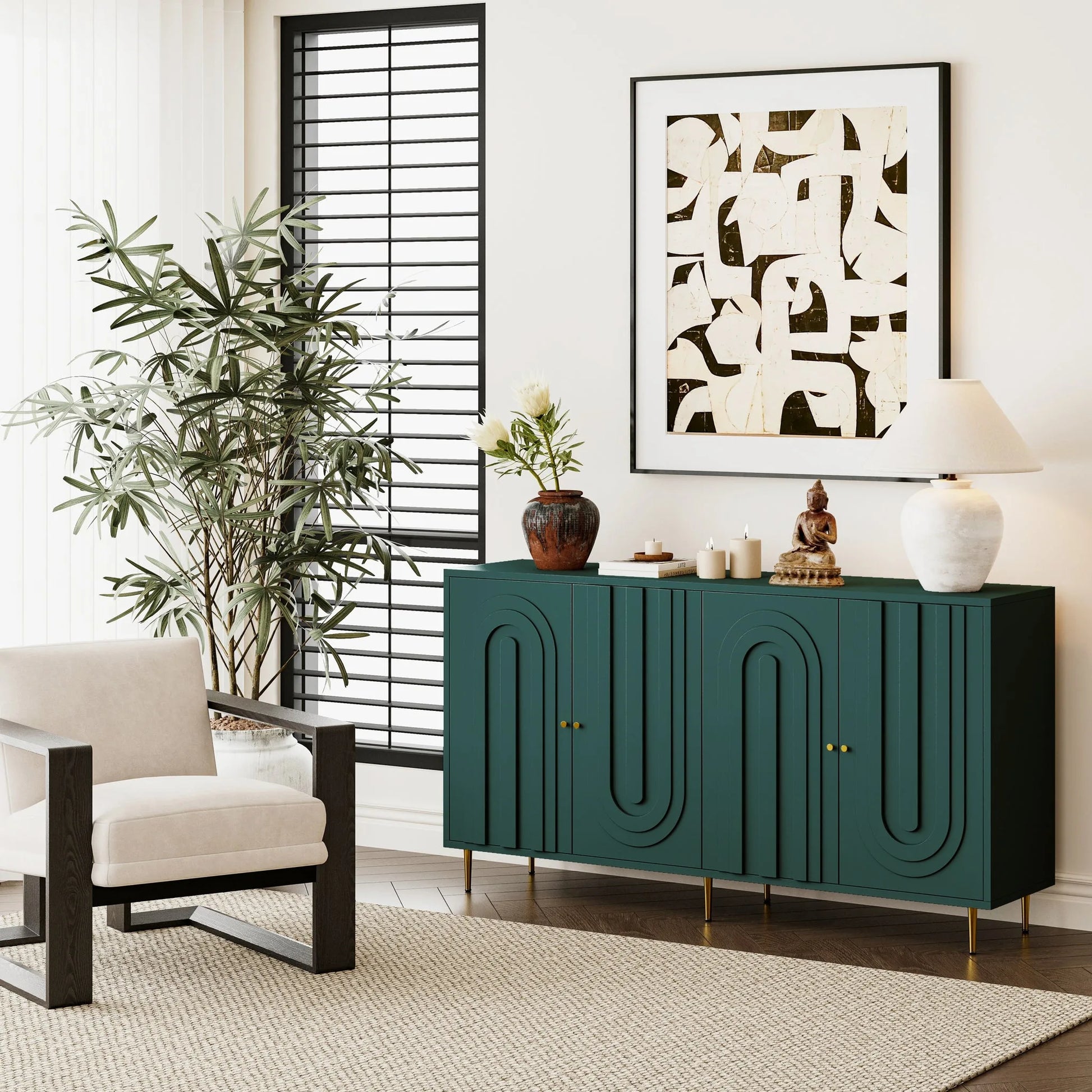 Modern Green Lacquered 4 Door Wooden Cabinet Sideboard Buffet Server Cabinet Storage Cabinet, for Living Room, Entryway, Hallway, Office, Kitchen and Dining Room detail view 4