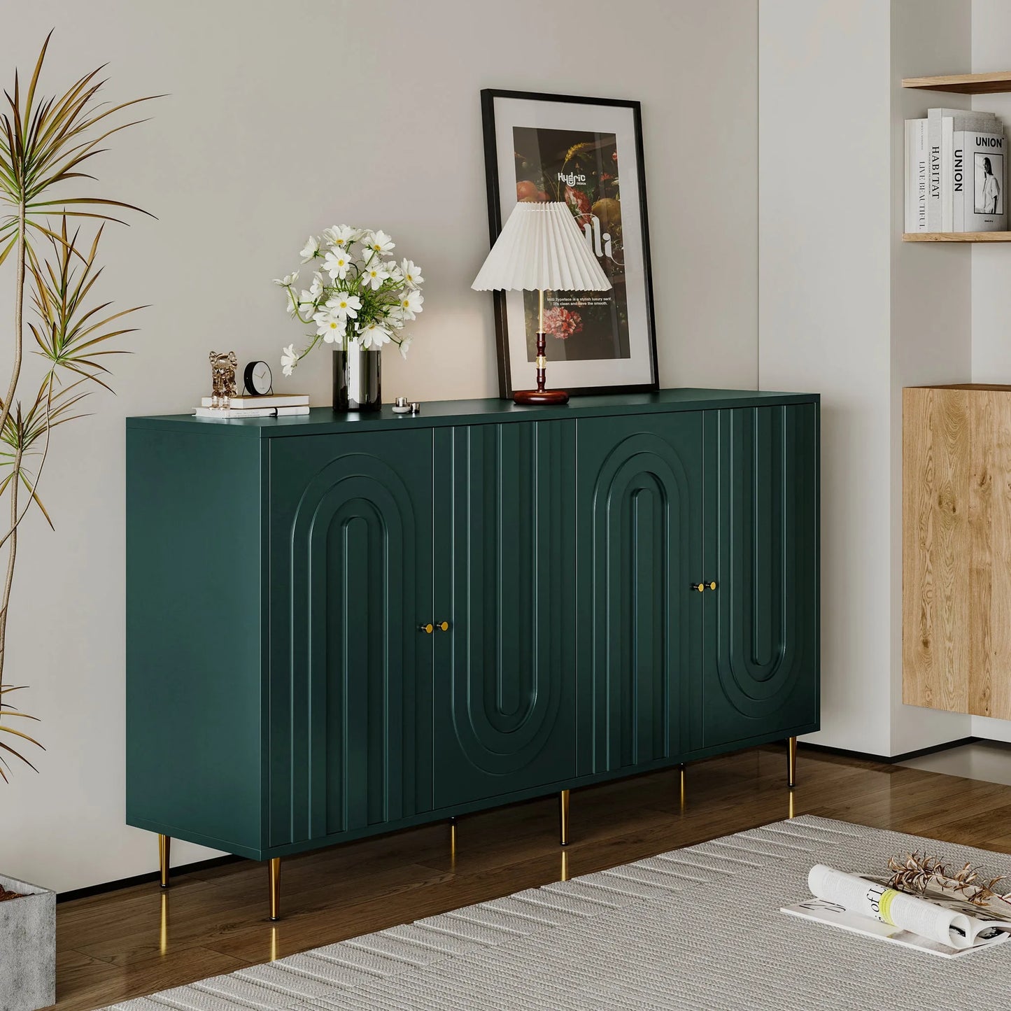 Modern Green Lacquered 4 Door Wooden Cabinet Sideboard Buffet Server Cabinet Storage Cabinet, for Living Room, Entryway, Hallway, Office, Kitchen and Dining Room detail view 5