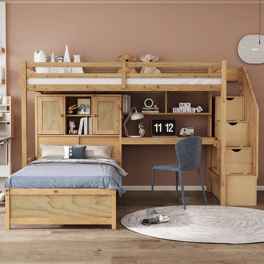 Twin over Twin Loft Bed with Built-in Desk and Staircase in Natural Pine Wood, 94.4''L x 92''W x 67.5''H lifestyle view