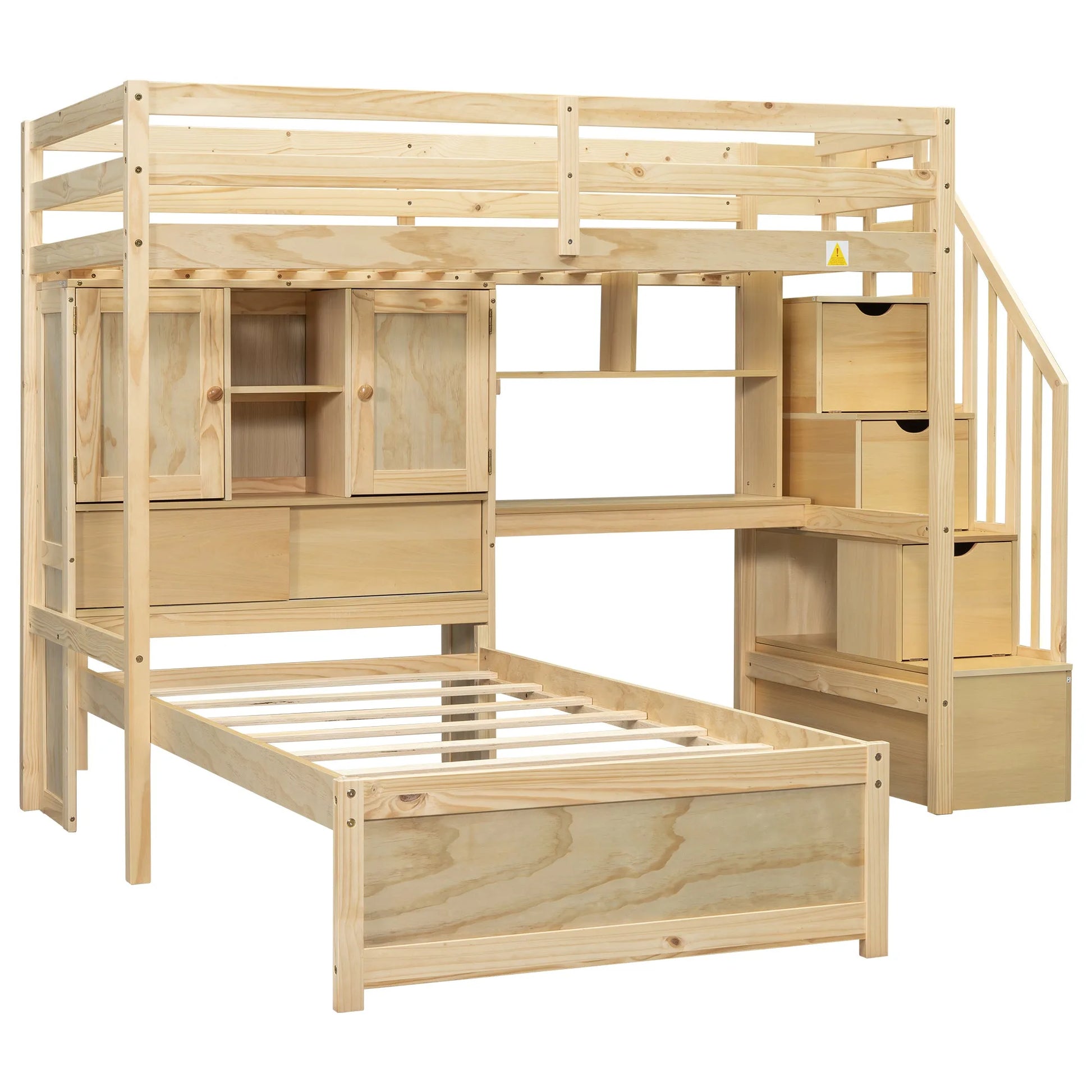Twin over Twin Loft Bed with Built-in Desk and Staircase in Natural Pine Wood, 94.4''L x 92''W x 67.5''H detail view 2