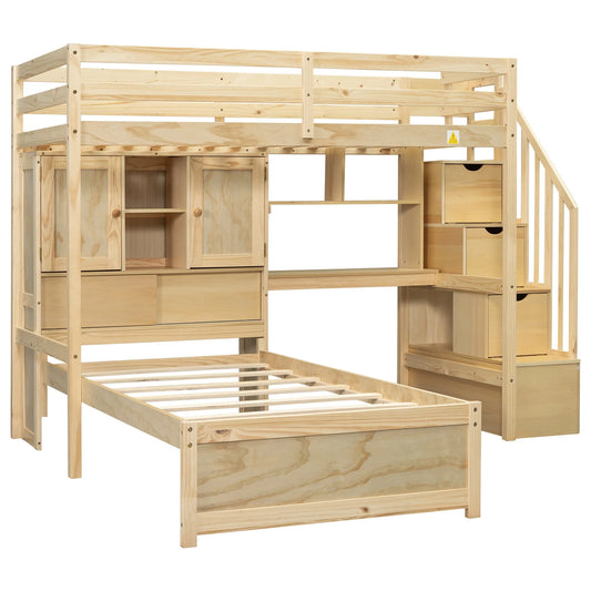 Twin over Twin Loft Bed with Built-in Desk and Staircase in Natural Pine Wood, 94.4''L x 92''W x 67.5''H detail view 2