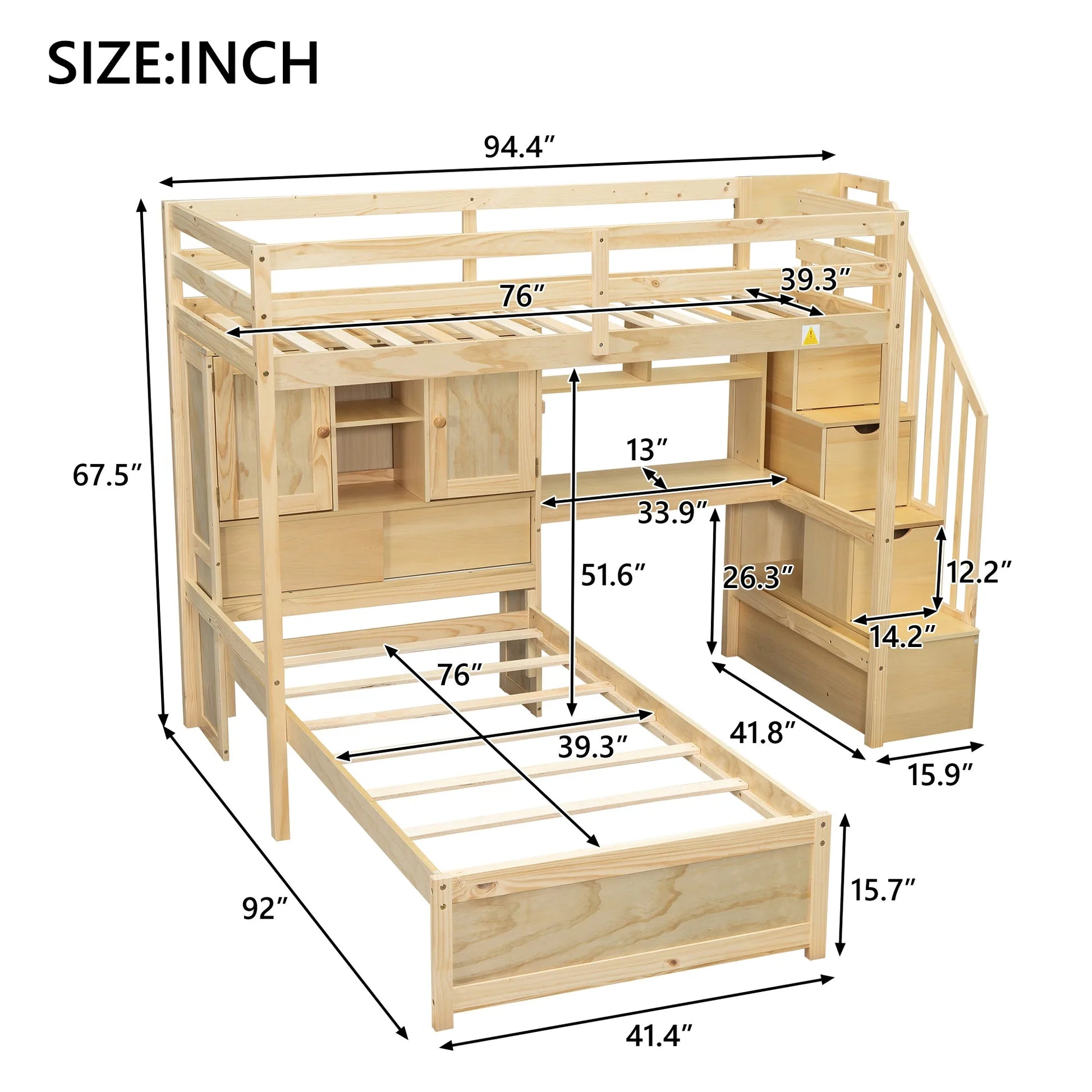 Twin over Twin Loft Bed with Built-in Desk and Staircase in Natural Pine Wood, 94.4''L x 92''W x 67.5''H detail view 3