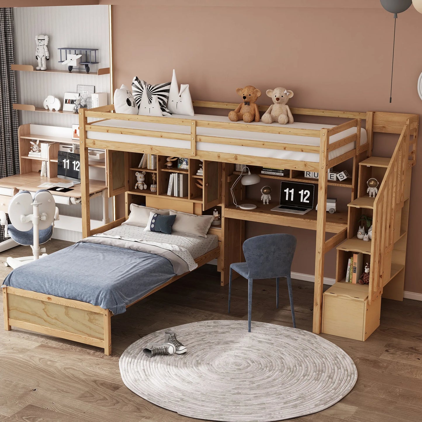 Twin over Twin Loft Bed with Built-in Desk and Staircase in Natural Pine Wood, 94.4''L x 92''W x 67.5''H detail view 4