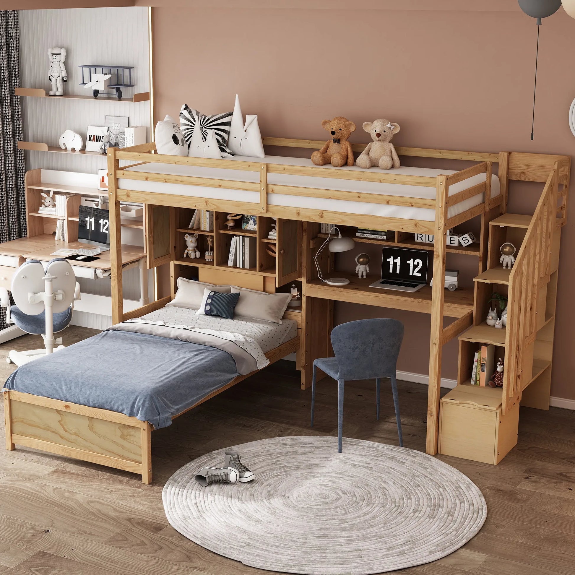 Twin over Twin Loft Bed with Built-in Desk and Staircase in Natural Pine Wood, 94.4''L x 92''W x 67.5''H detail view 4
