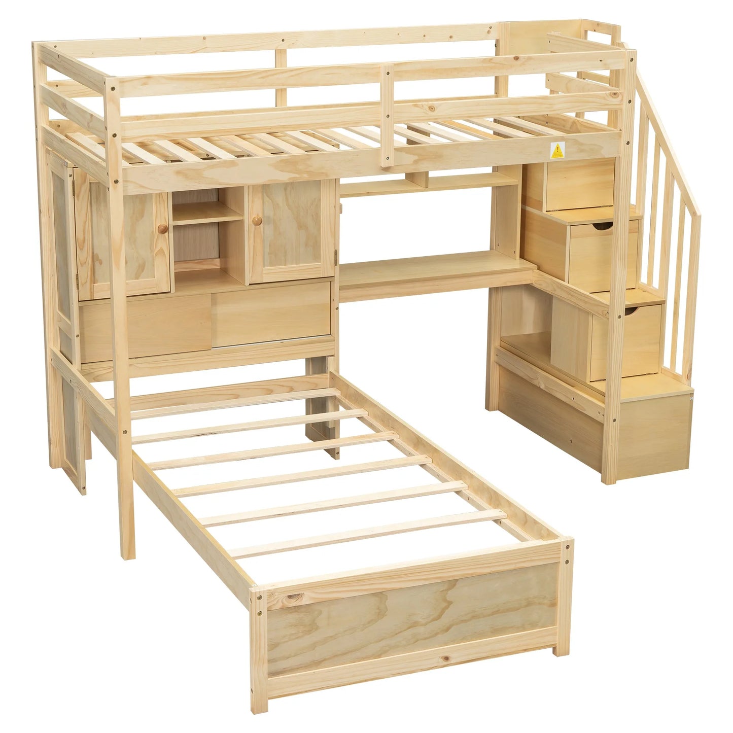 Twin over Twin Loft Bed with Built-in Desk and Staircase in Natural Pine Wood, 94.4''L x 92''W x 67.5''H detail view 5