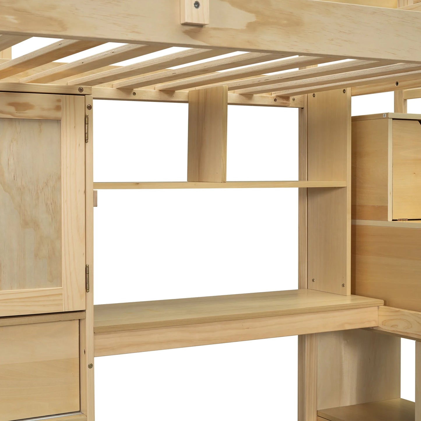 Twin over Twin Loft Bed with Built-in Desk and Staircase in Natural Pine Wood, 94.4''L x 92''W x 67.5''H detail view 8