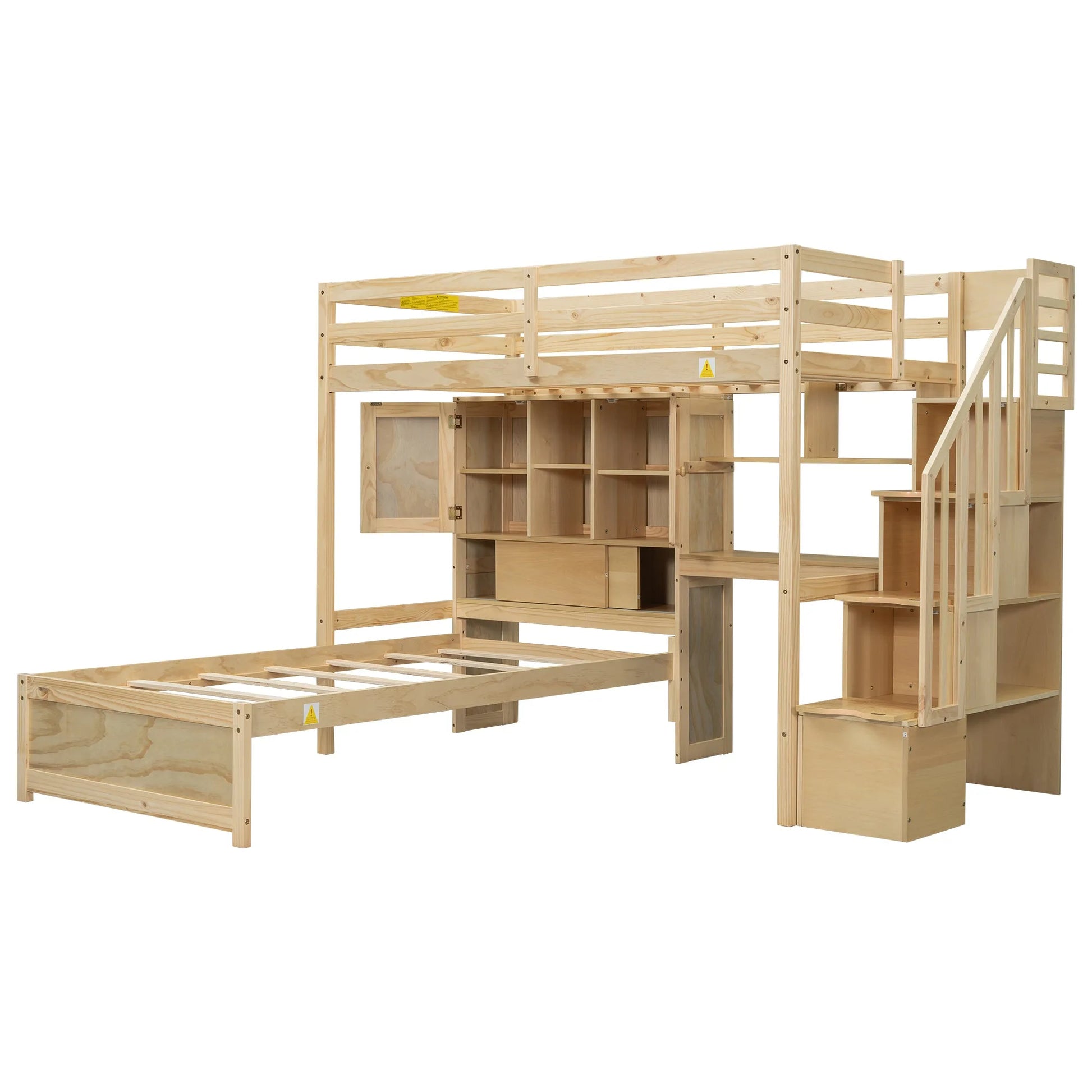 Twin over Twin Loft Bed with Built-in Desk and Staircase in Natural Pine Wood, 94.4''L x 92''W x 67.5''H detail view 9