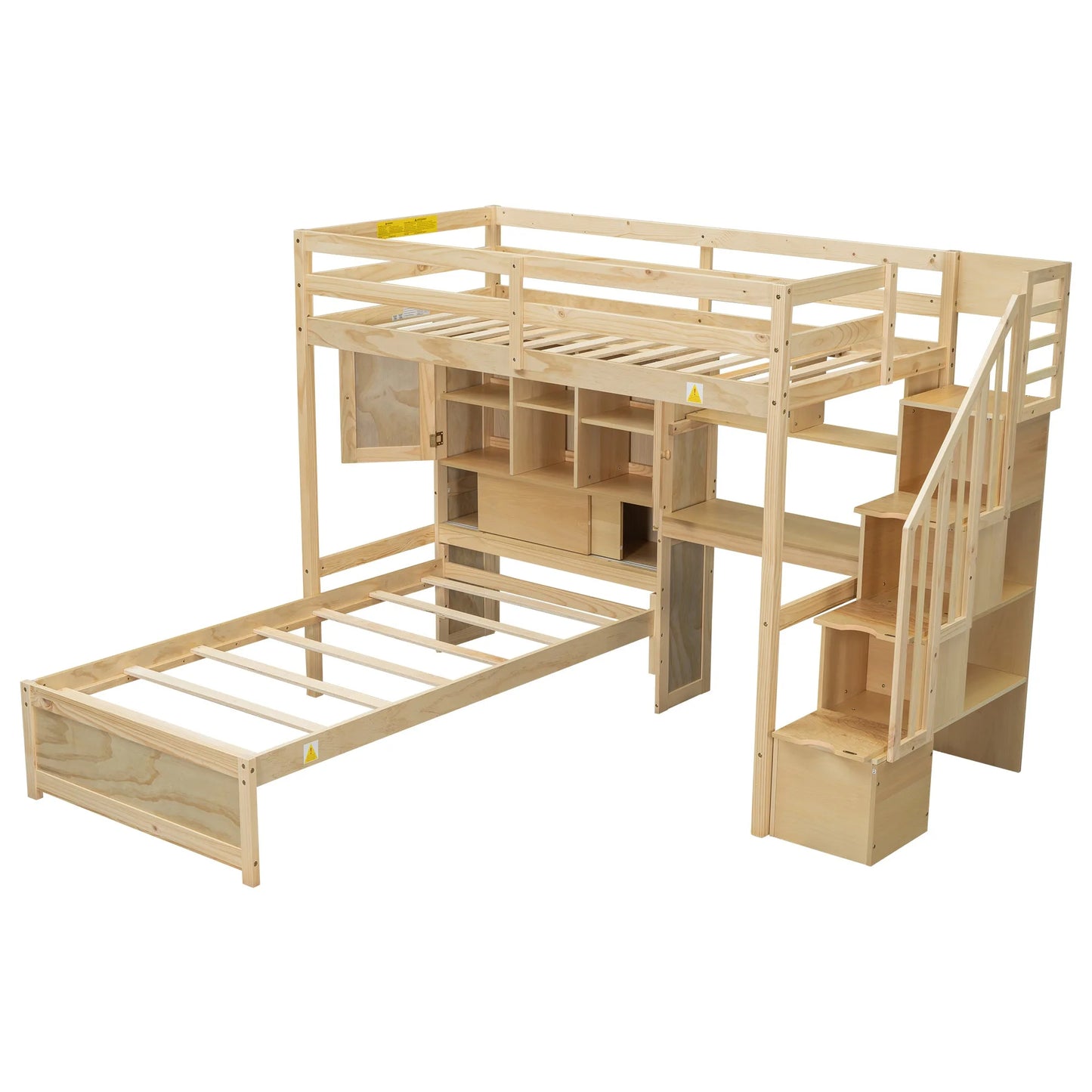 Twin over Twin Loft Bed with Built-in Desk and Staircase in Natural Pine Wood, 94.4''L x 92''W x 67.5''H detail view 10
