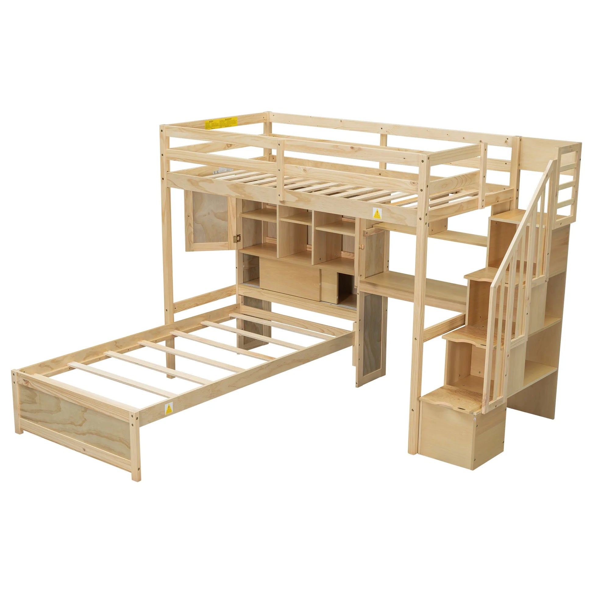 Twin over Twin Loft Bed with Built-in Desk and Staircase in Natural Pine Wood, 94.4''L x 92''W x 67.5''H detail view 10