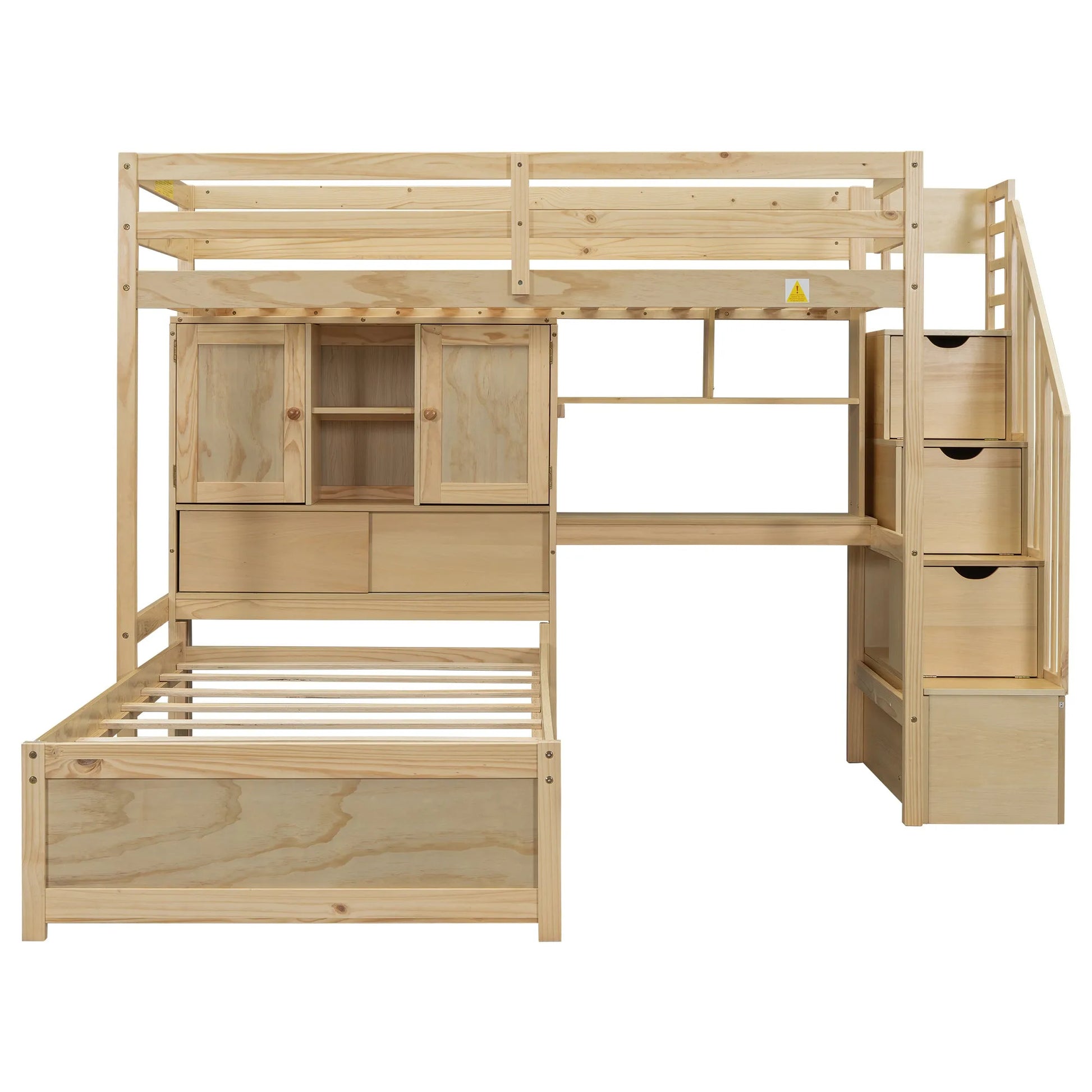 Twin over Twin Loft Bed with Built-in Desk and Staircase in Natural Pine Wood, 94.4''L x 92''W x 67.5''H detail view 11