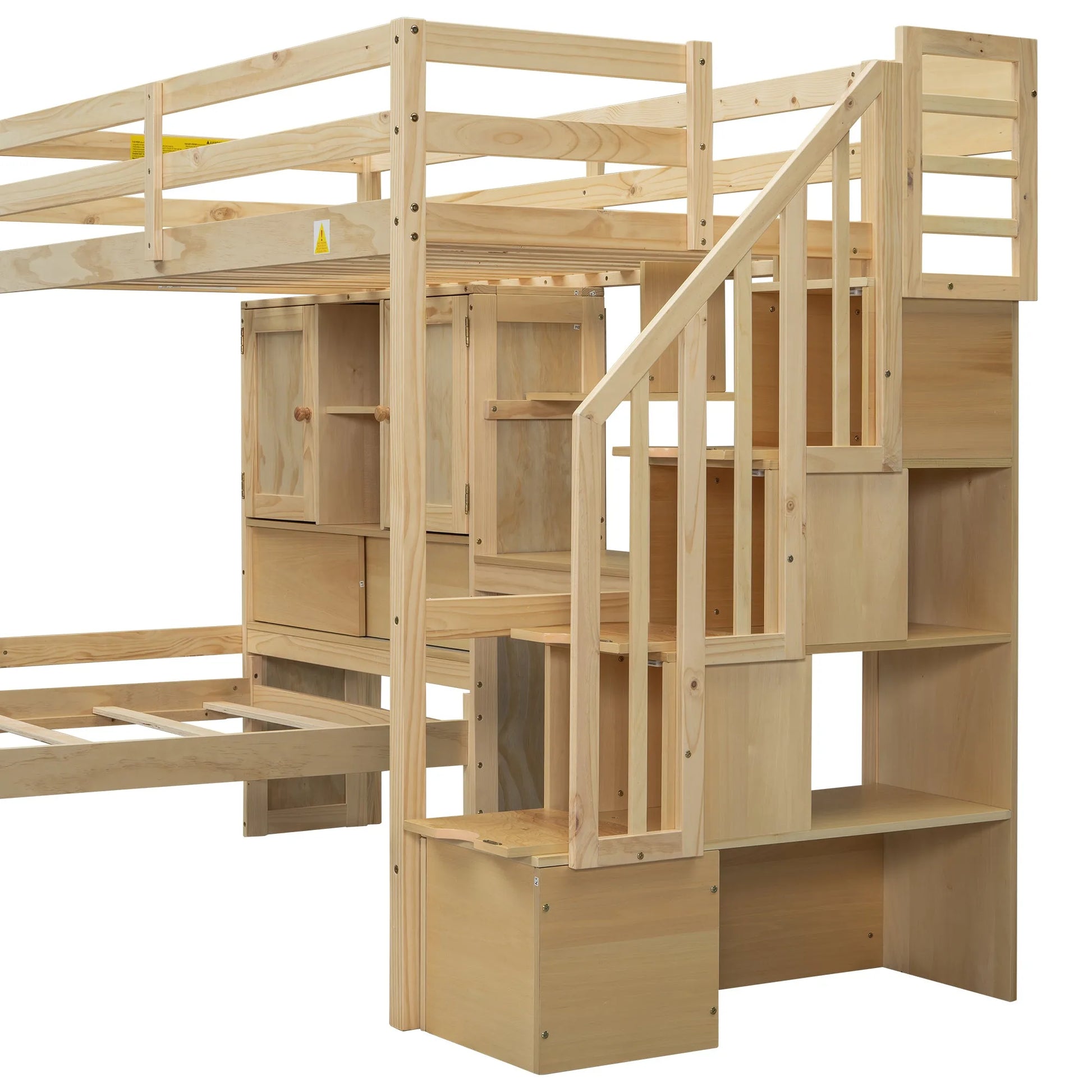 Twin over Twin Loft Bed with Built-in Desk and Staircase in Natural Pine Wood, 94.4''L x 92''W x 67.5''H detail view 12