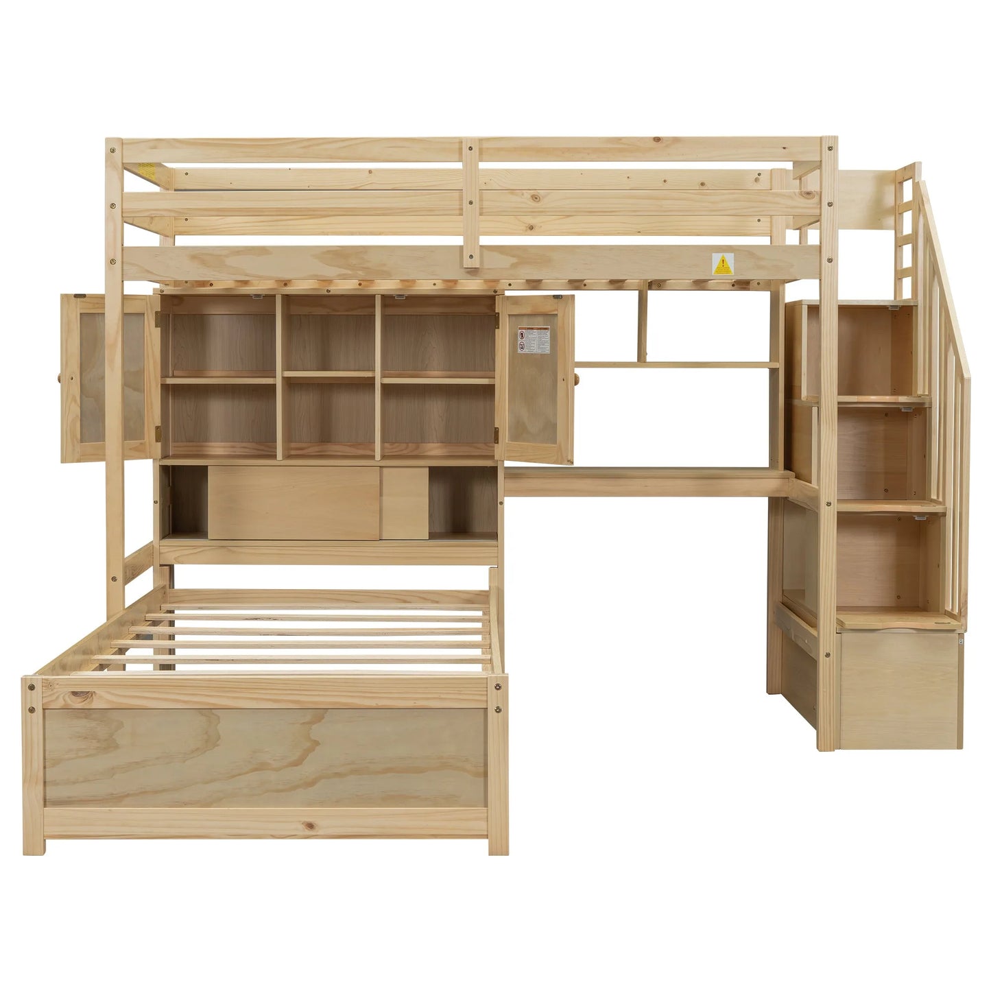 Twin over Twin Loft Bed with Built-in Desk and Staircase in Natural Pine Wood, 94.4''L x 92''W x 67.5''H detail view 14