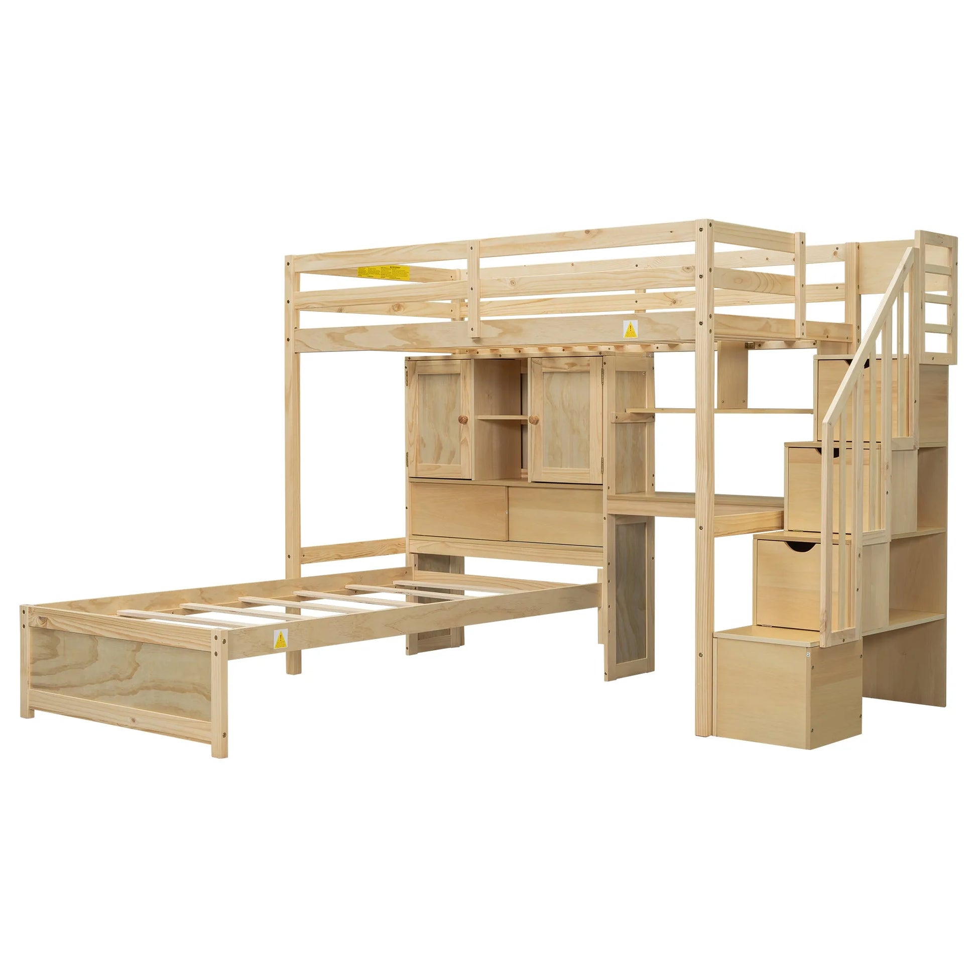 Twin over Twin Loft Bed with Built-in Desk and Staircase in Natural Pine Wood, 94.4''L x 92''W x 67.5''H detail view 16