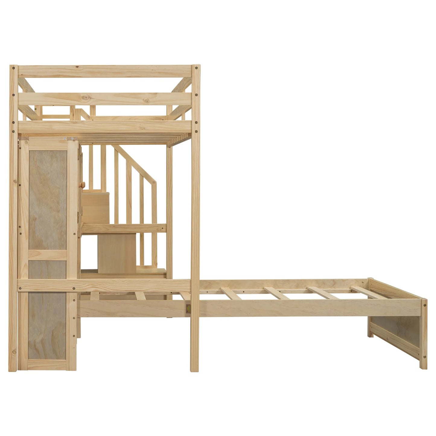 Twin over Twin Loft Bed with Built-in Desk and Staircase in Natural Pine Wood, 94.4''L x 92''W x 67.5''H detail view 17