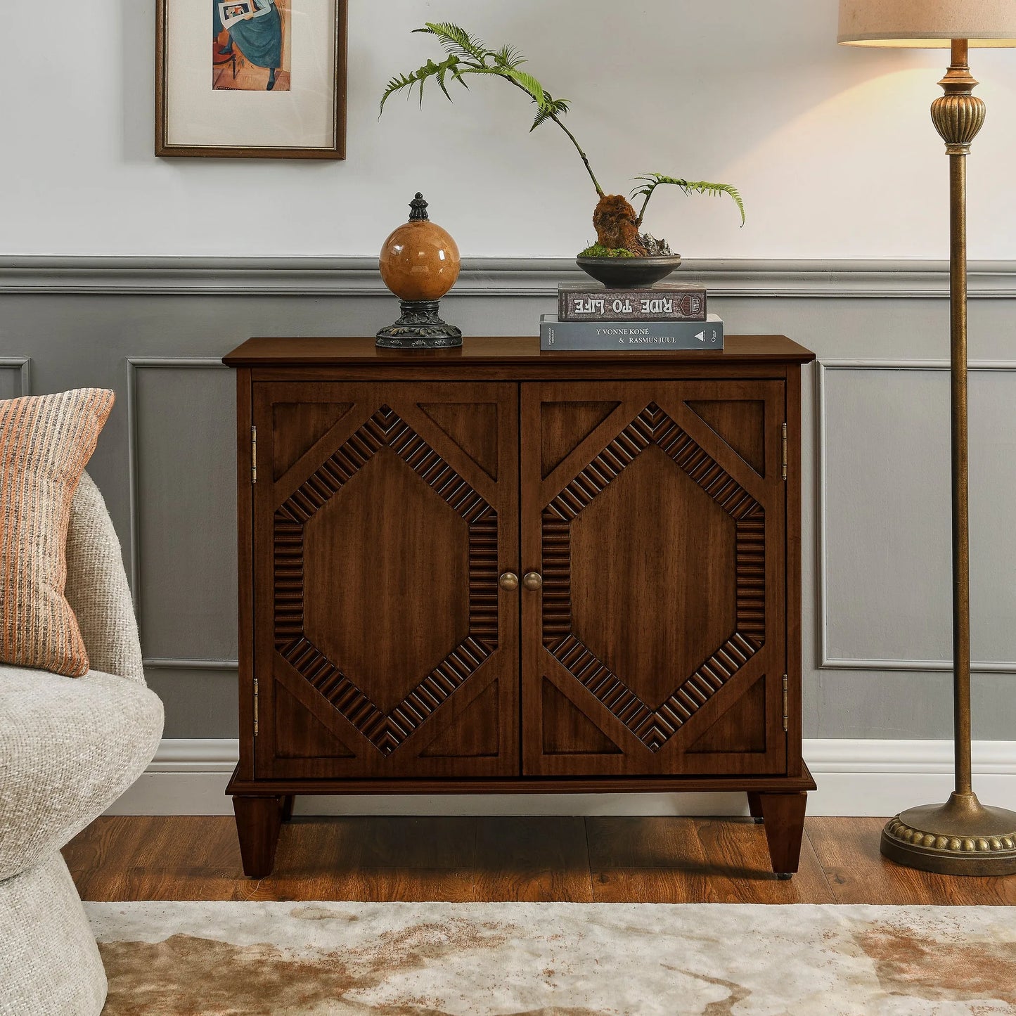 33.6' Retro Wooden Sideboard Buffet Cabinet with Storage, Symmetrical Geometric Accent Display Cabinets, Media Console Credenza for Living Room/Entryway/Dining Room/Kitchen, Walnut lifestyle view
