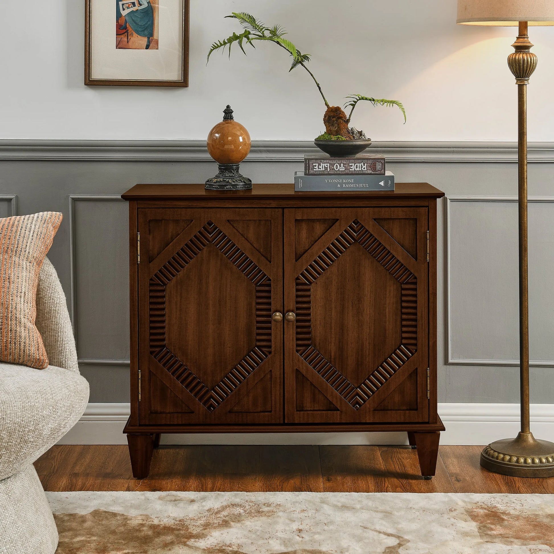 33.6' Retro Wooden Sideboard Buffet Cabinet with Storage, Symmetrical Geometric Accent Display Cabinets, Media Console Credenza for Living Room/Entryway/Dining Room/Kitchen, Walnut lifestyle view